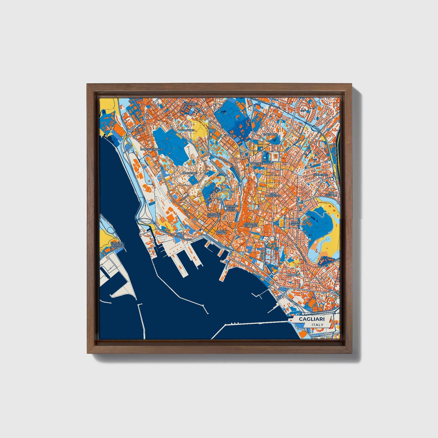 Cagliari Italy Colorful City Map Canvas Print • Dark Wooden Framed