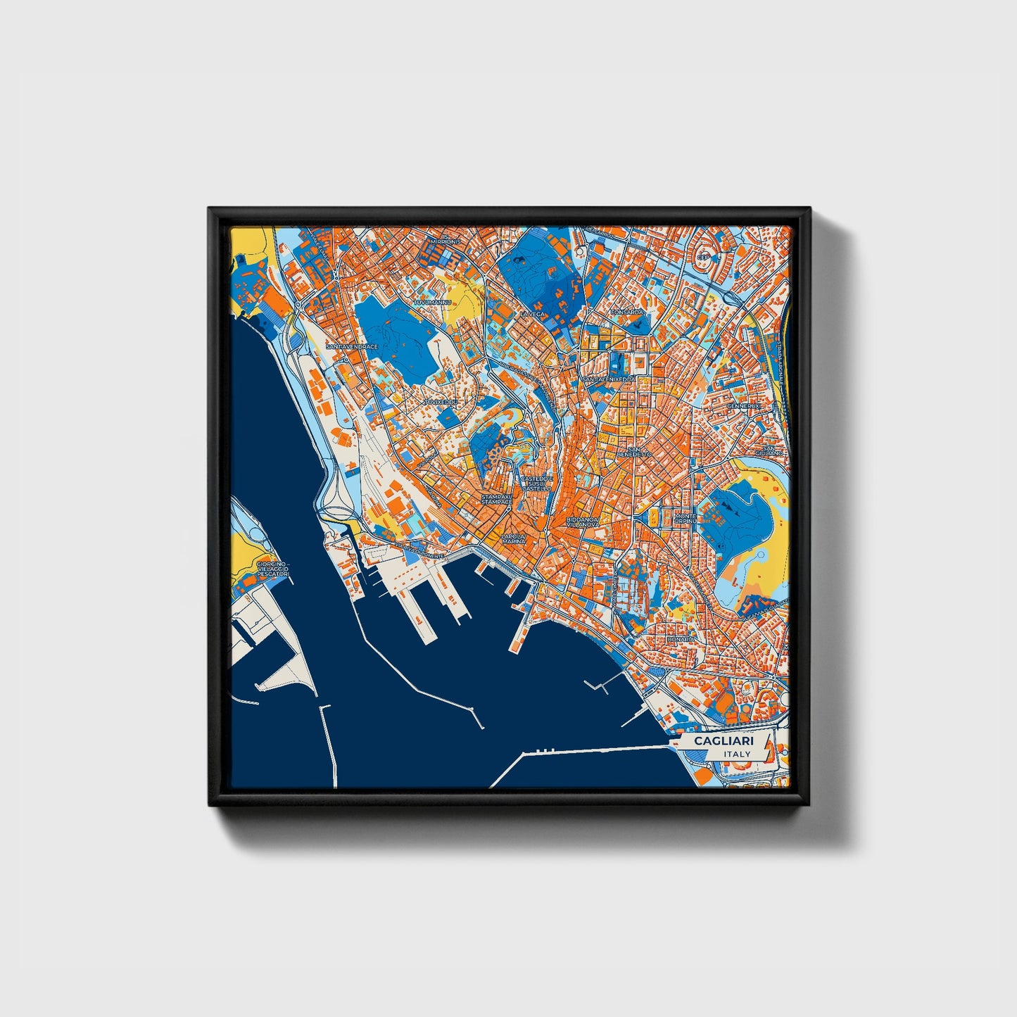 Cagliari Italy Colorful City Map Canvas Print • Black Framed