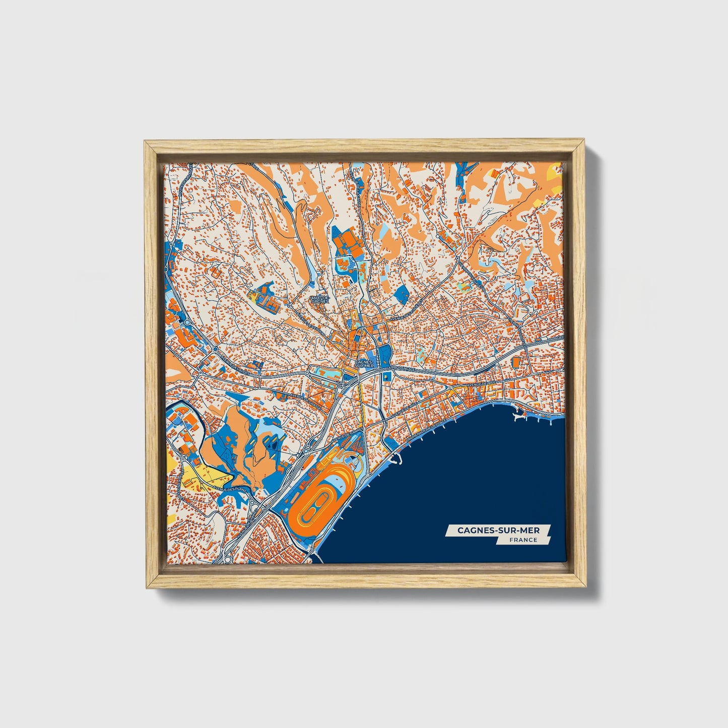 Cagnes-Sur-Mer France Colorful City Map Canvas Print • Natural Wooden Framed