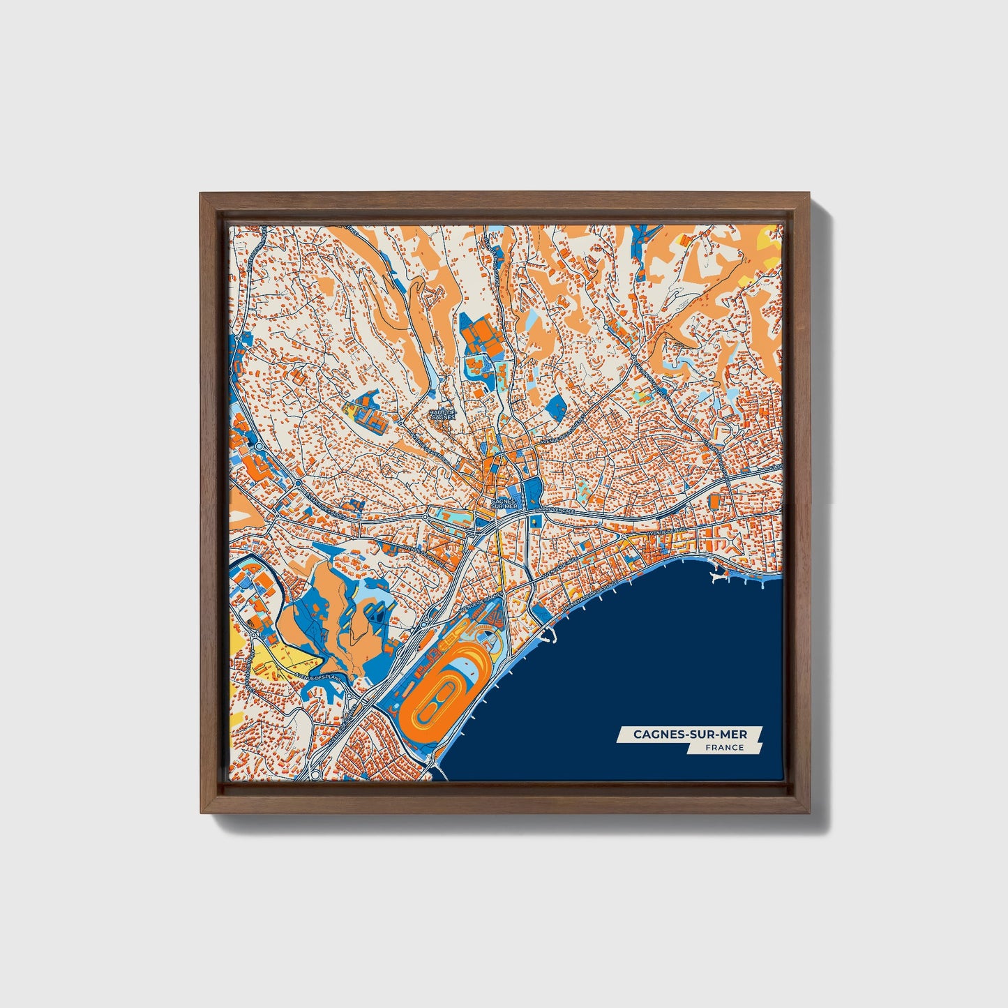 Cagnes-Sur-Mer France Colorful City Map Canvas Print • Dark Wooden Framed