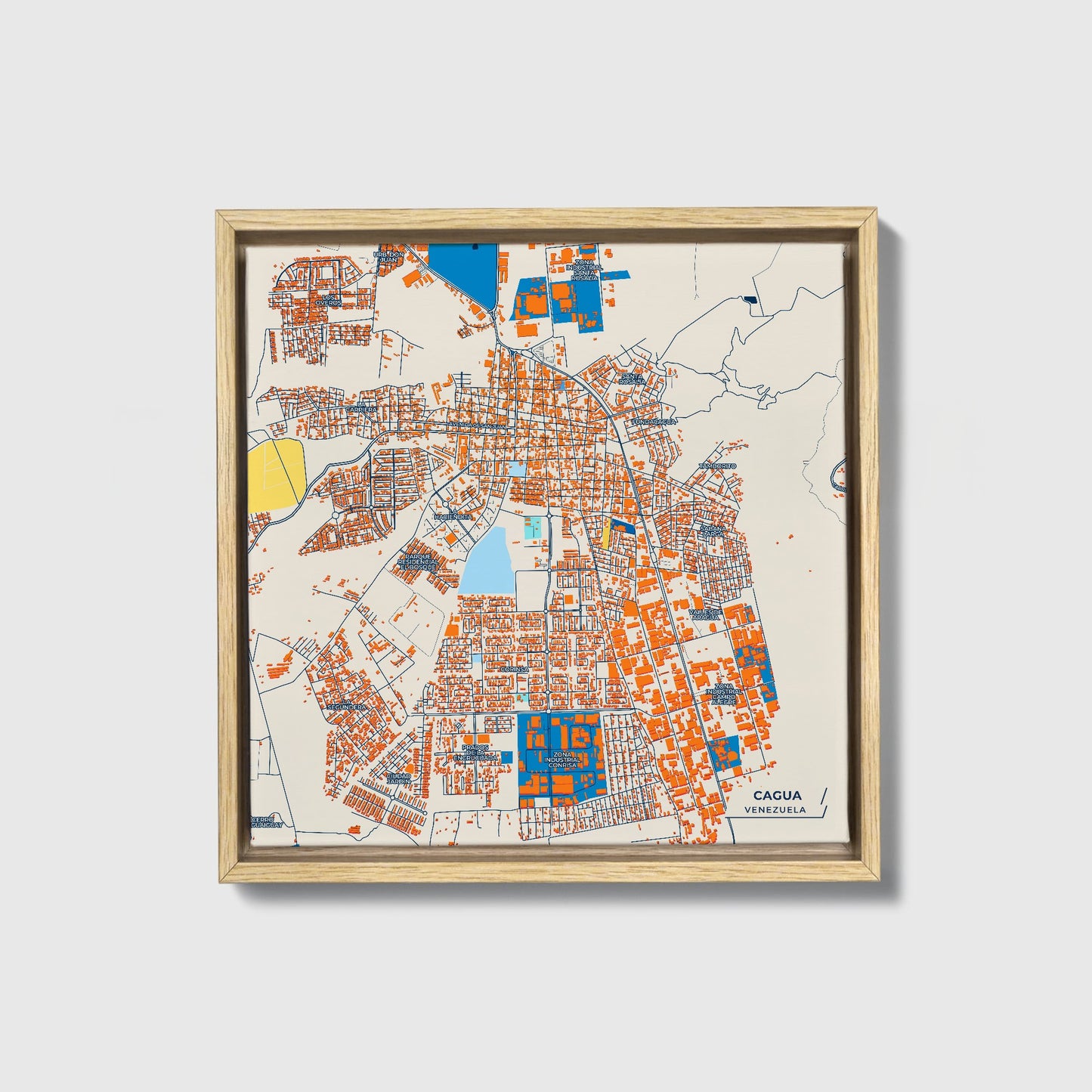 Cagua Venezuela Colorful City Map Canvas Print • Natural Wooden Framed