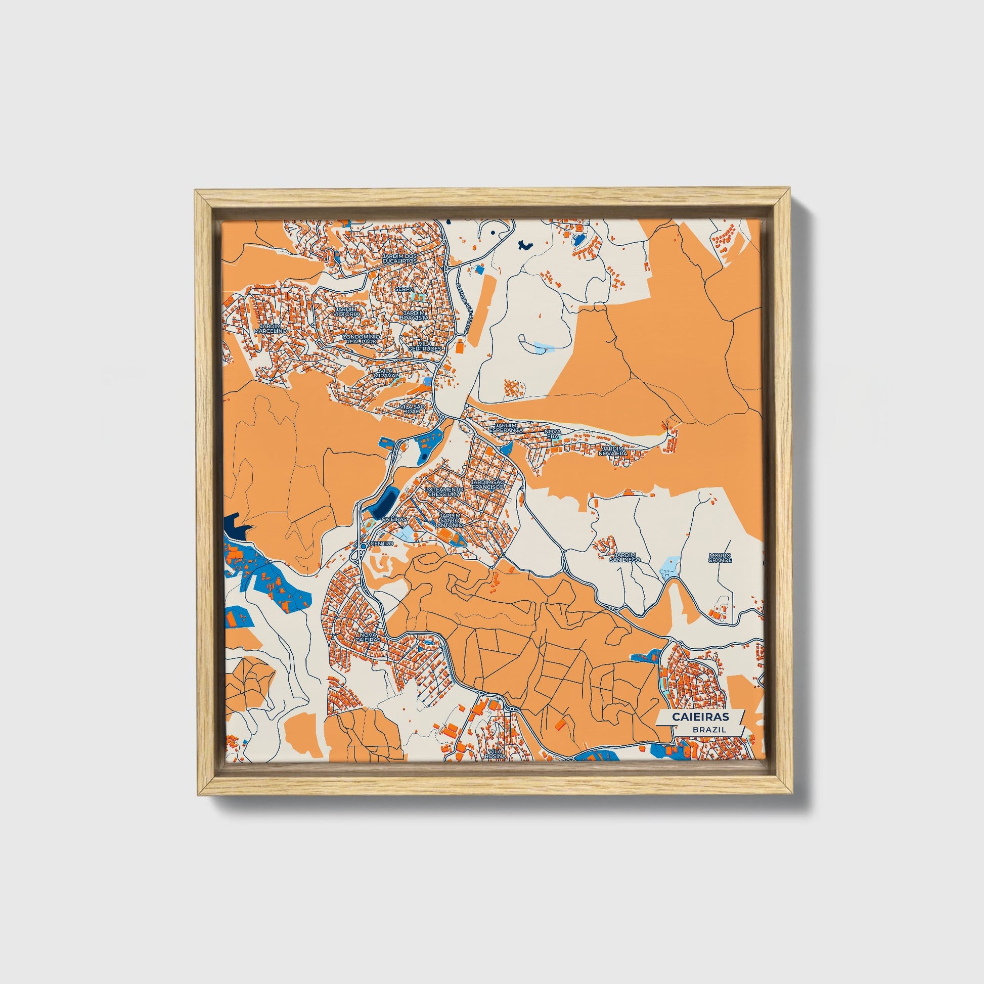 Caieiras Brazil Colorful City Map Canvas Print • Natural Wooden Framed