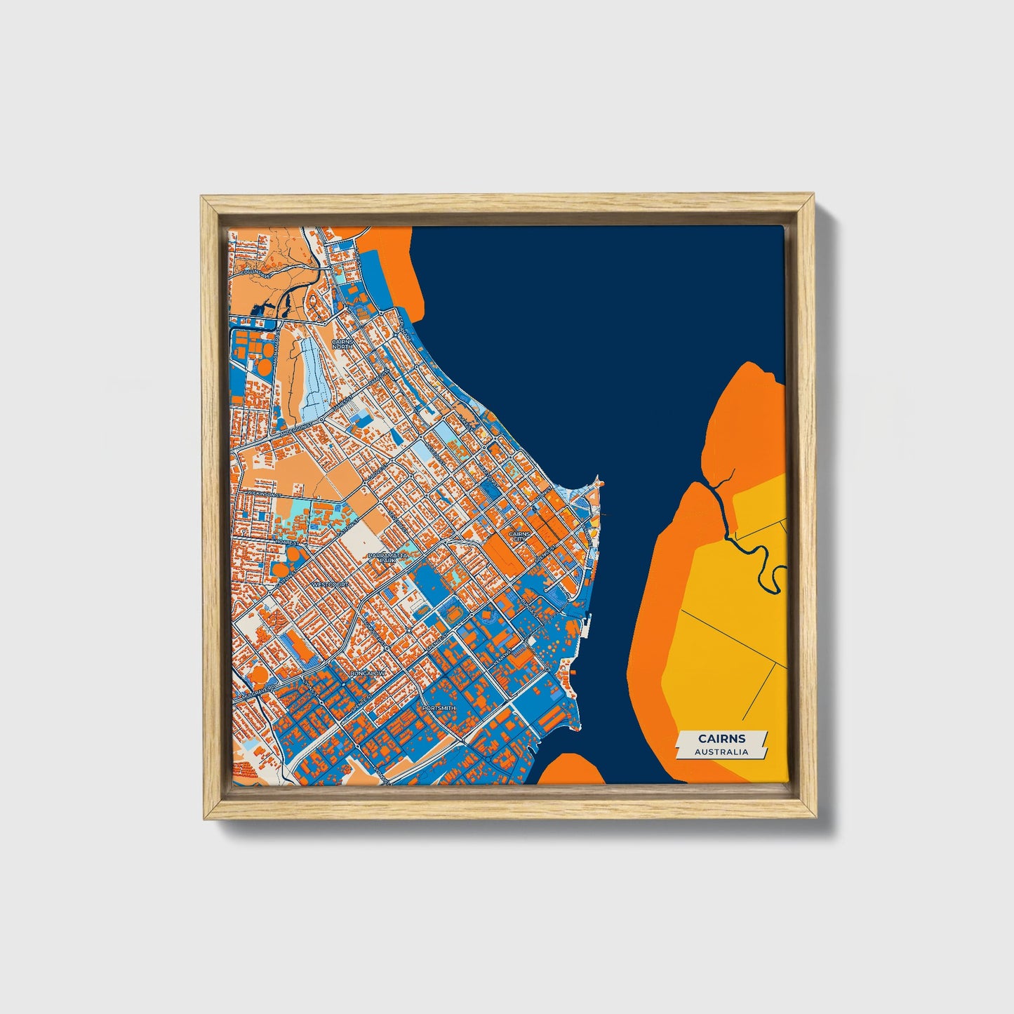 Cairns Australia Colorful City Map Canvas Print • Natural Wooden Framed