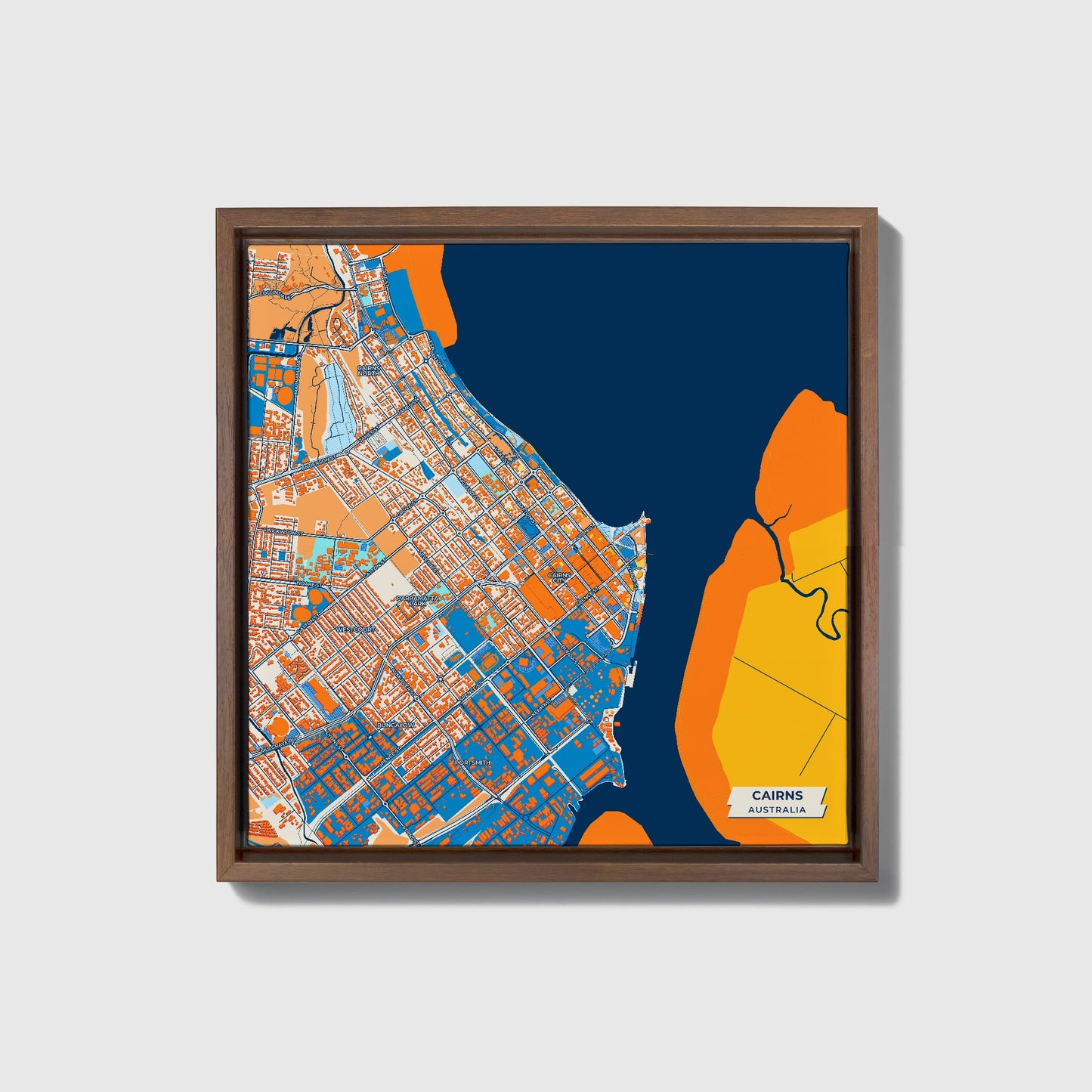 Cairns Australia Colorful City Map Canvas Print • Dark Wooden Framed