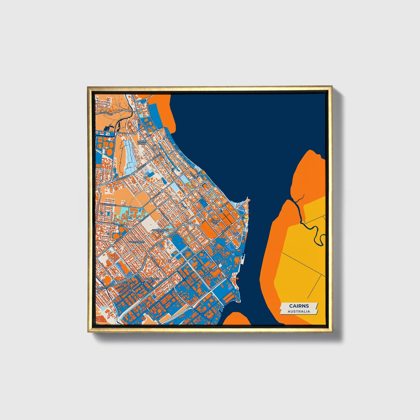 Cairns Australia Colorful City Map Canvas Print • Gold Framed