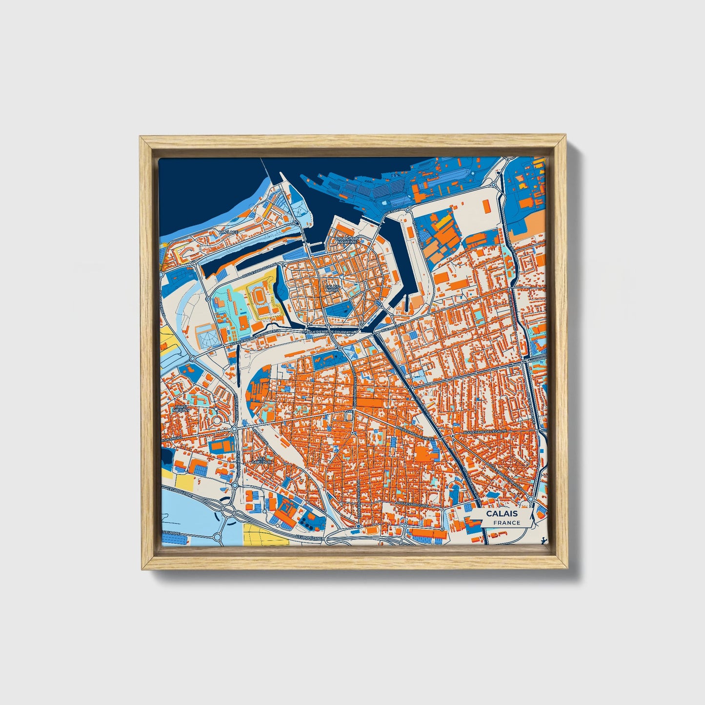 Calais France Colorful City Map Canvas Print • Natural Wooden Framed