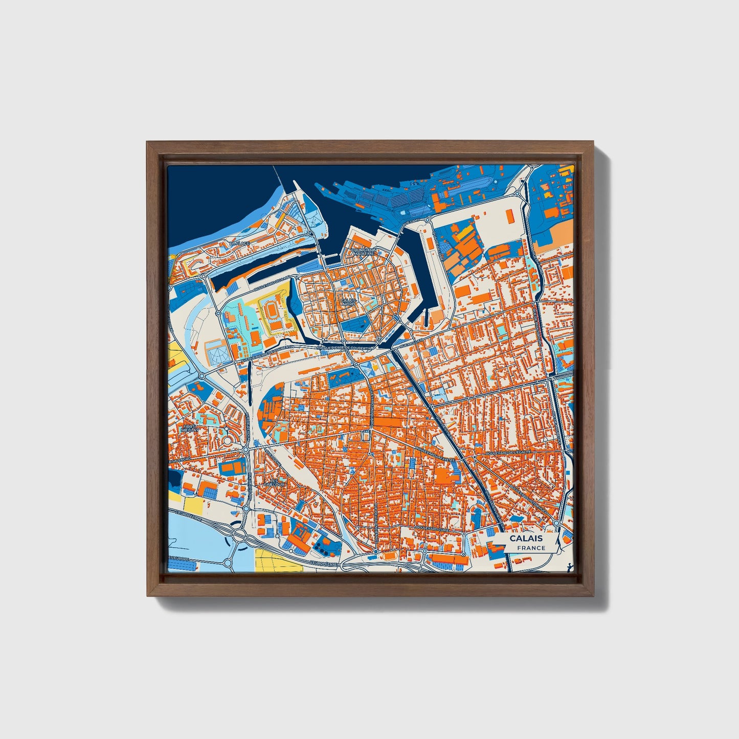 Calais France Colorful City Map Canvas Print • Dark Wooden Framed
