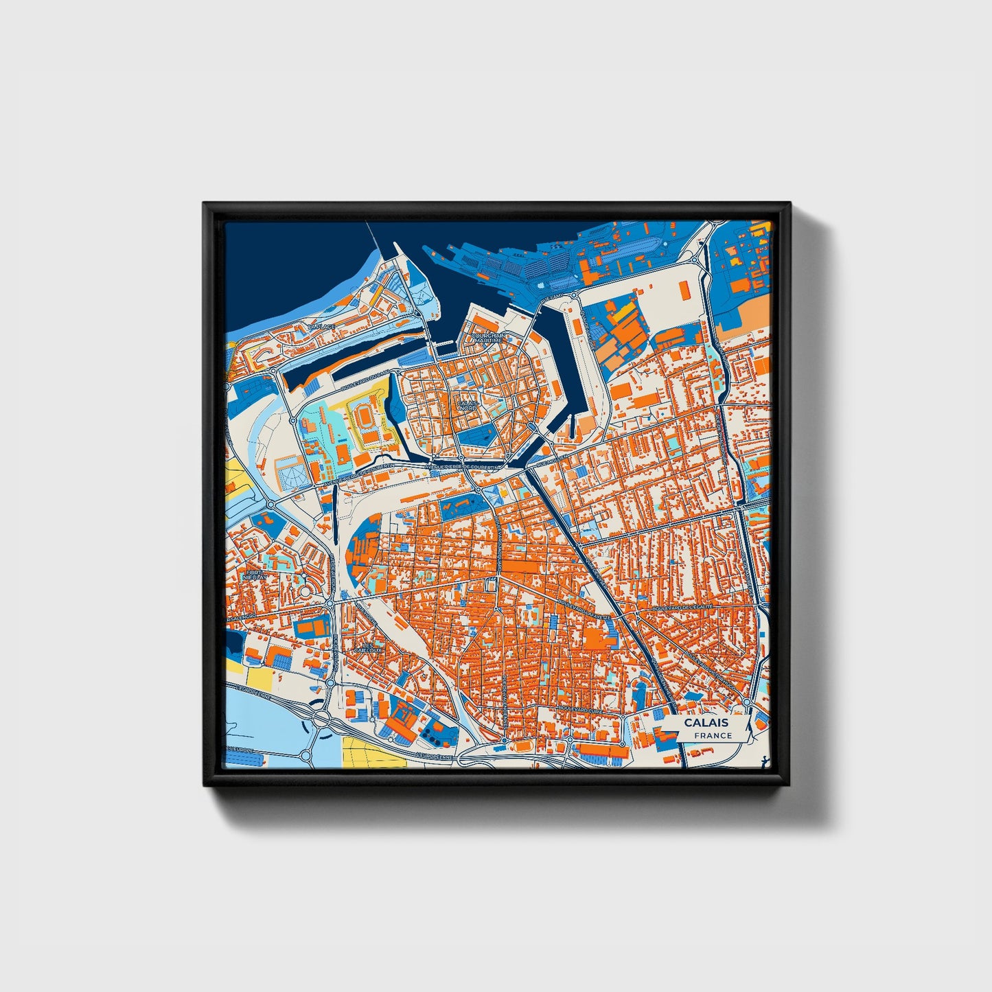 Calais France Colorful City Map Canvas Print • Black Framed