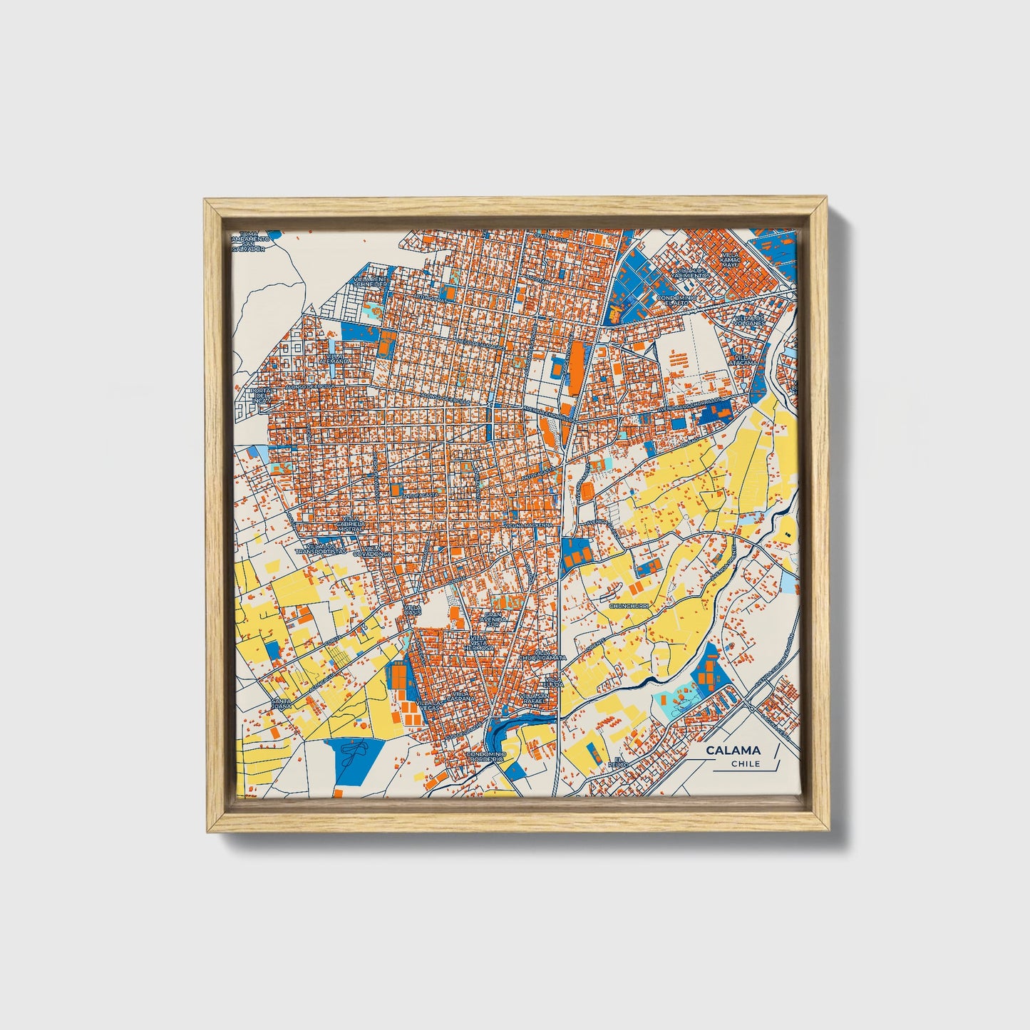 Calama Chile Colorful City Map Canvas Print • Natural Wooden Framed