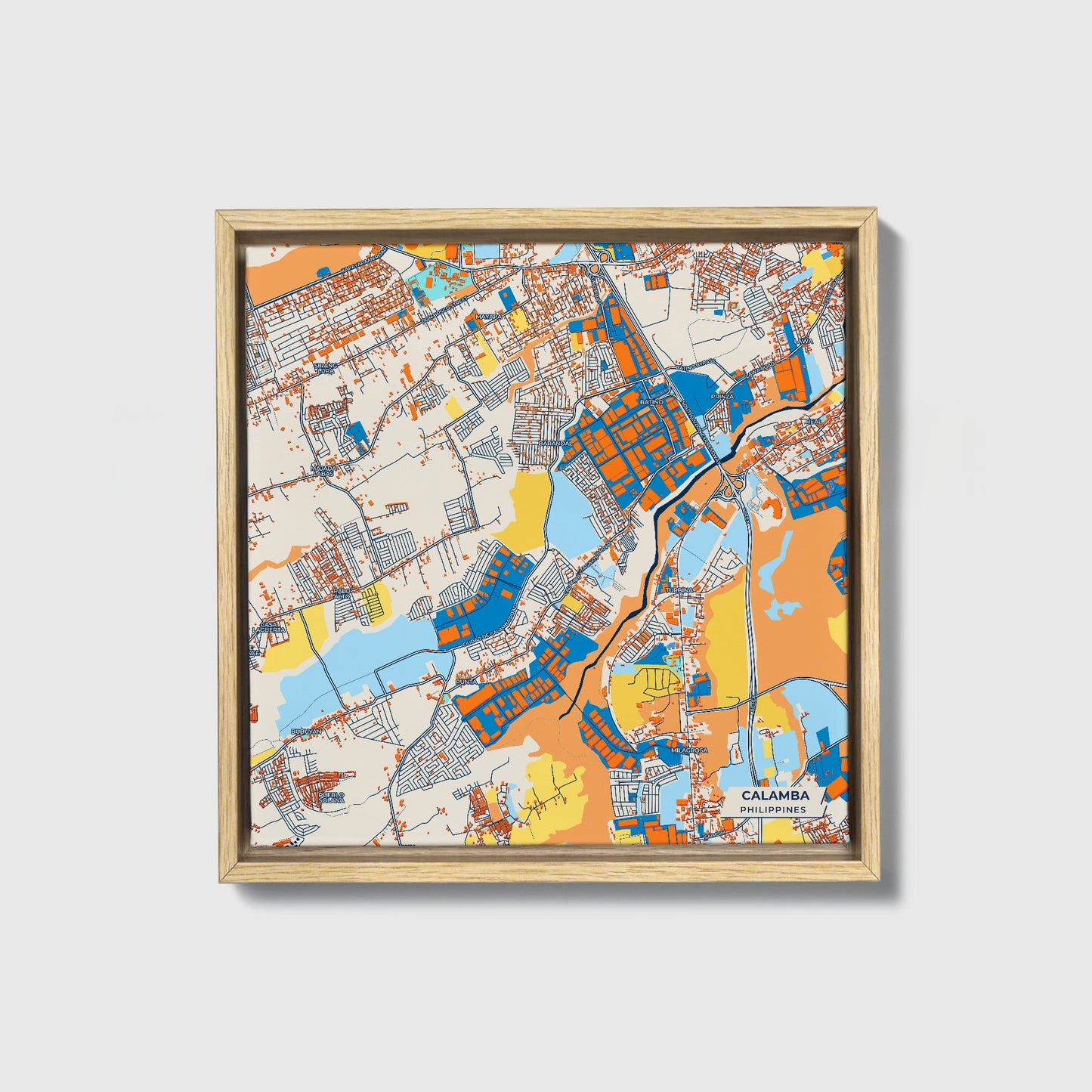 Calamba Philippines Colorful City Map Canvas Print • Natural Wooden Framed