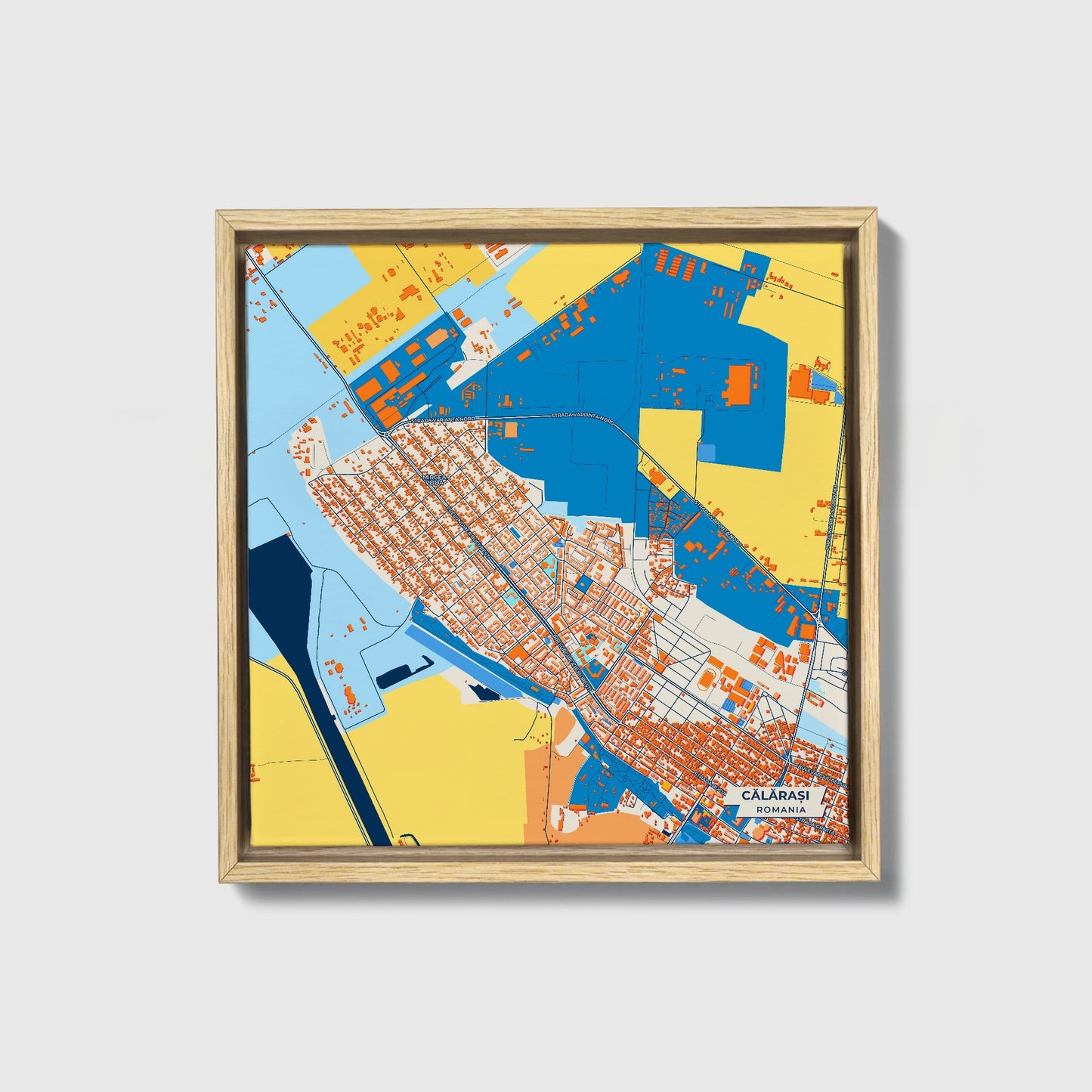 Călărași Romania Colorful City Map Canvas Print • Natural Wooden Framed