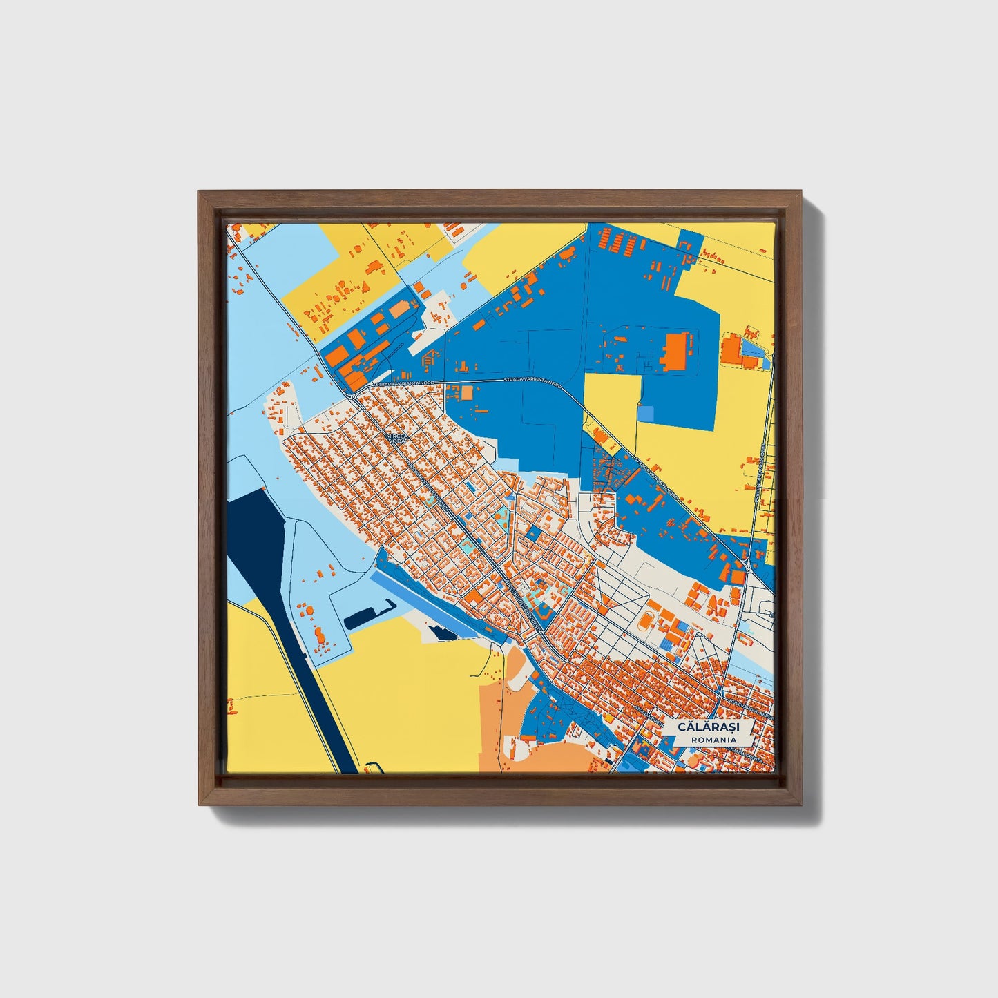 Călărași Romania Colorful City Map Canvas Print • Dark Wooden Framed