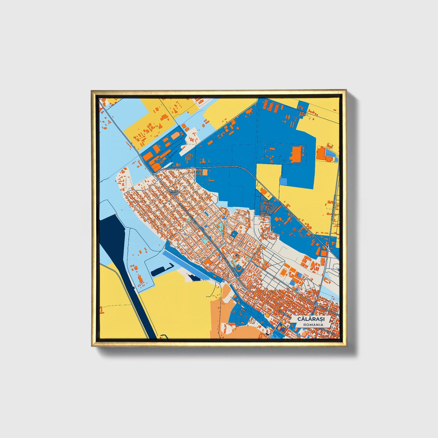 Călărași Romania Colorful City Map Canvas Print • Gold Framed
