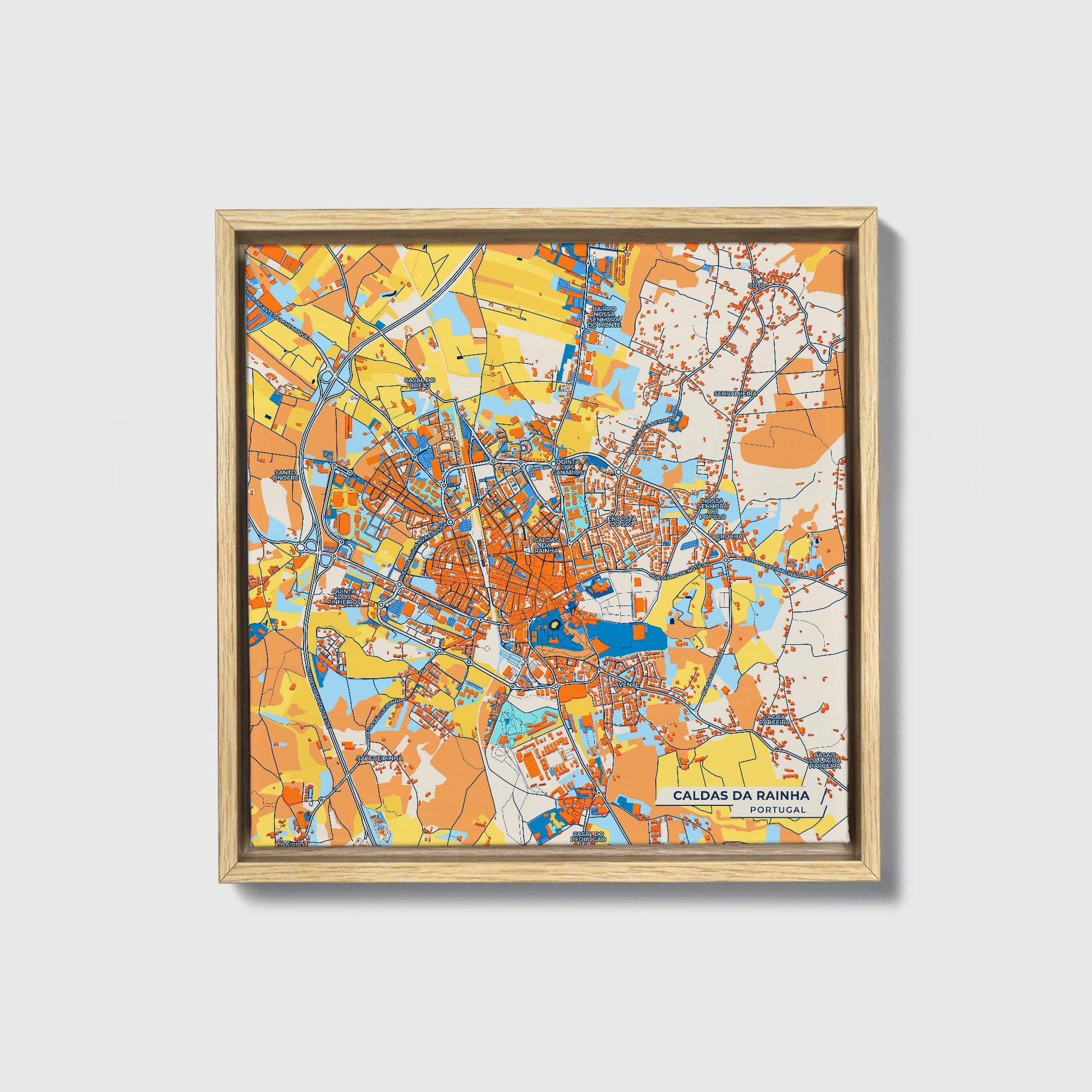 Caldas Da Rainha Portugal Colorful City Map Canvas Print • Natural Wooden Framed