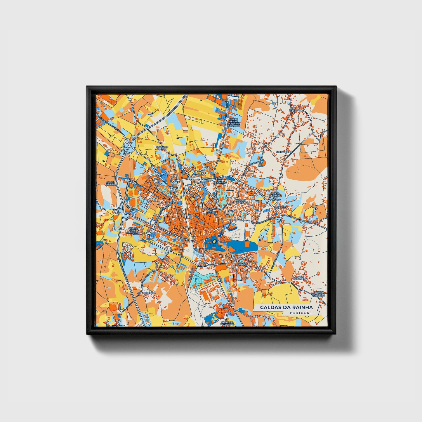 Caldas Da Rainha Portugal Colorful City Map Canvas Print • Black Framed