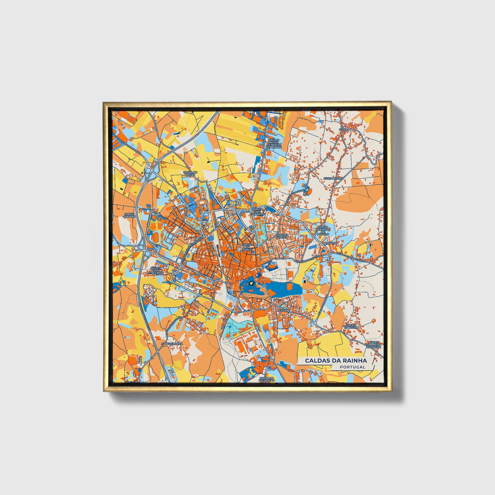 Caldas Da Rainha Portugal Colorful City Map Canvas Print • Gold Framed