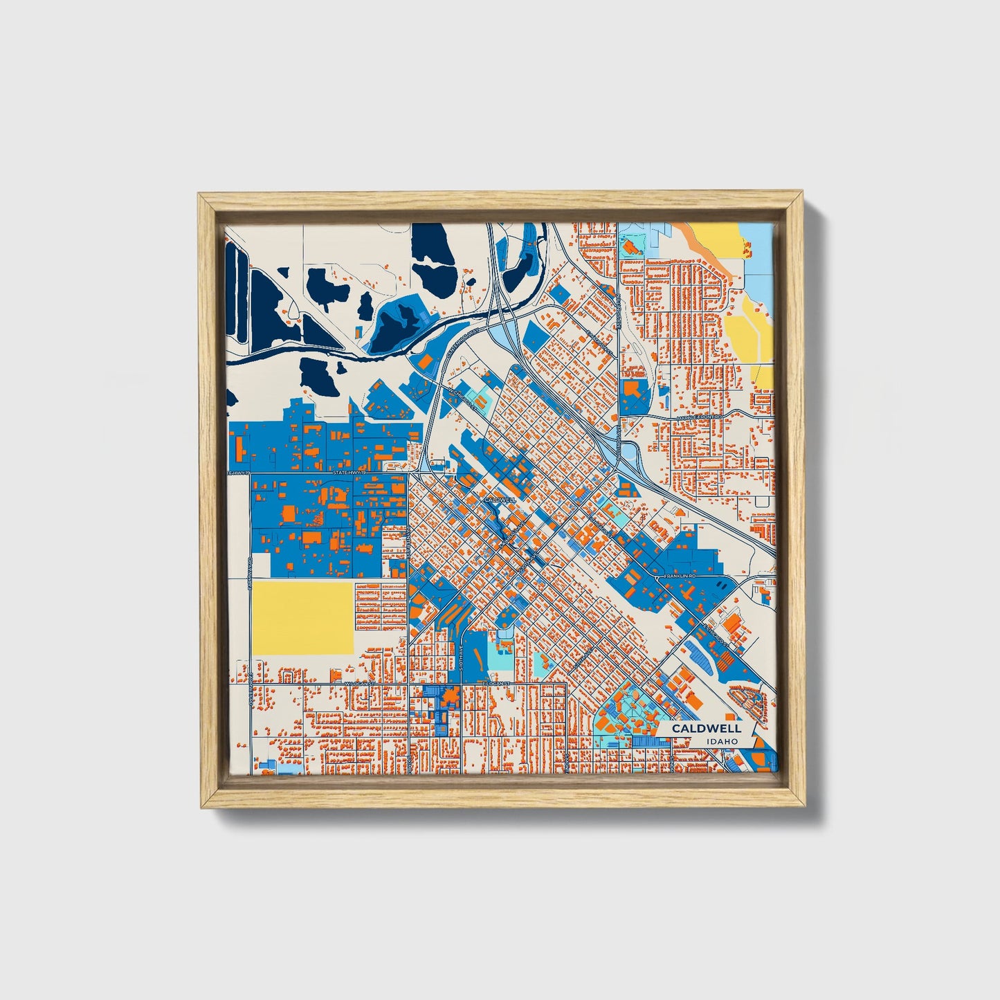 Caldwell Idaho Colorful City Map Canvas Print • Natural Wooden Framed