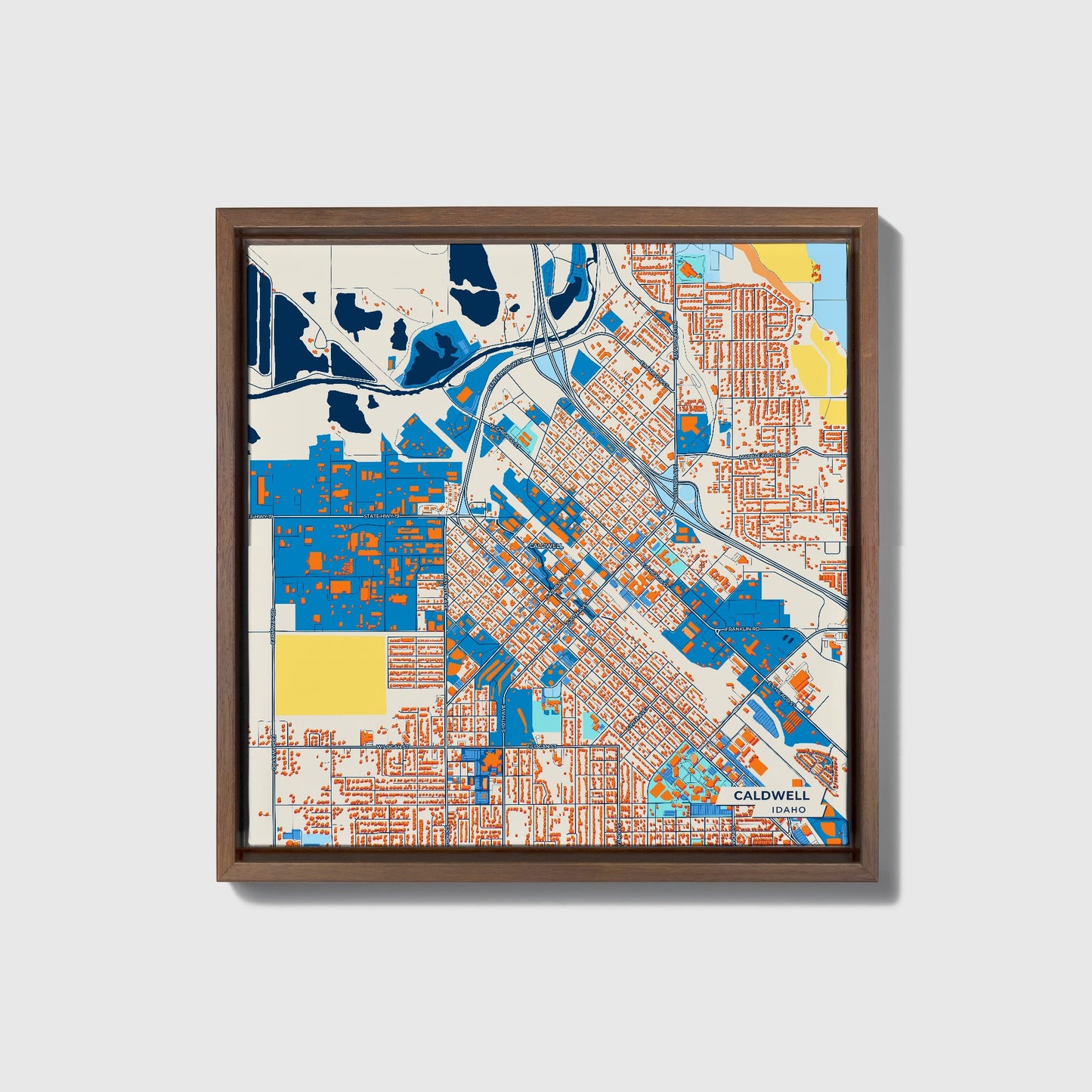 Caldwell Idaho Colorful City Map Canvas Print • Dark Wooden Framed