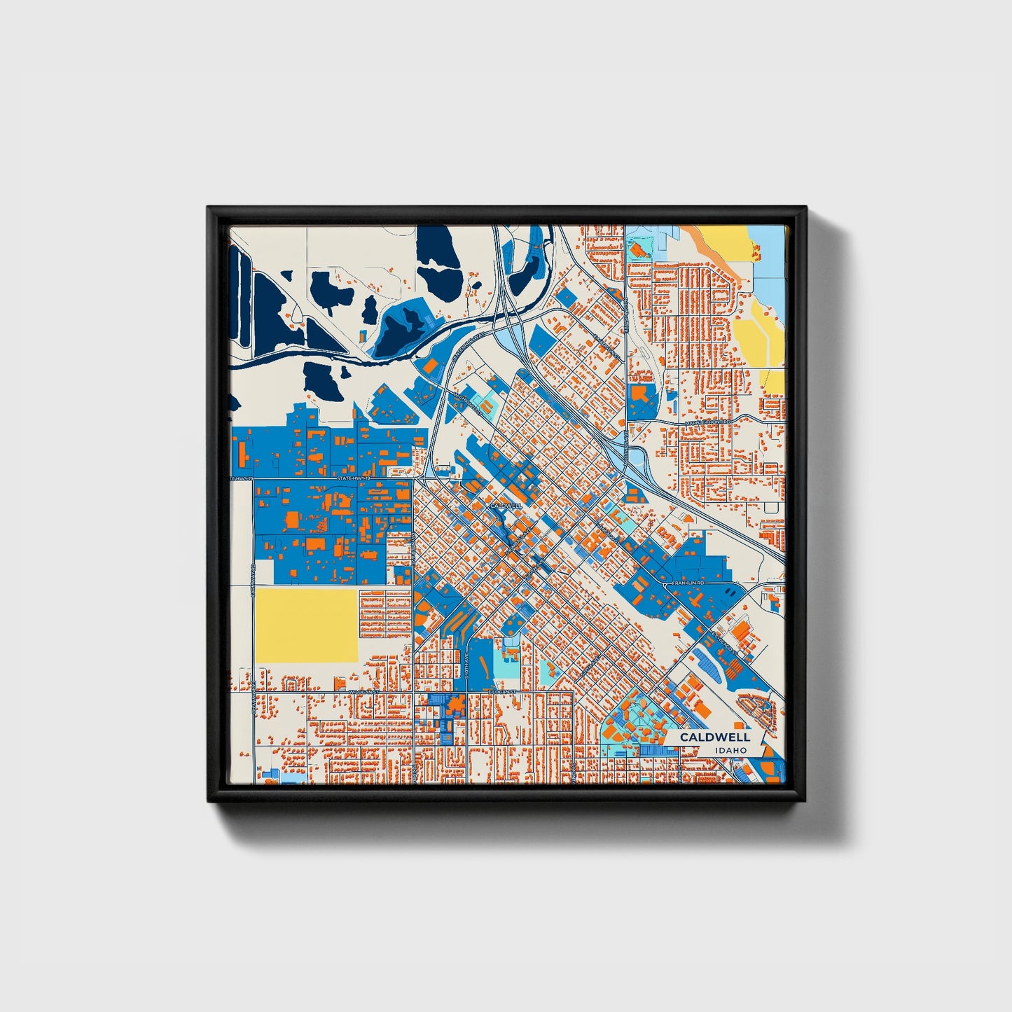 Caldwell Idaho Colorful City Map Canvas Print • Black Framed