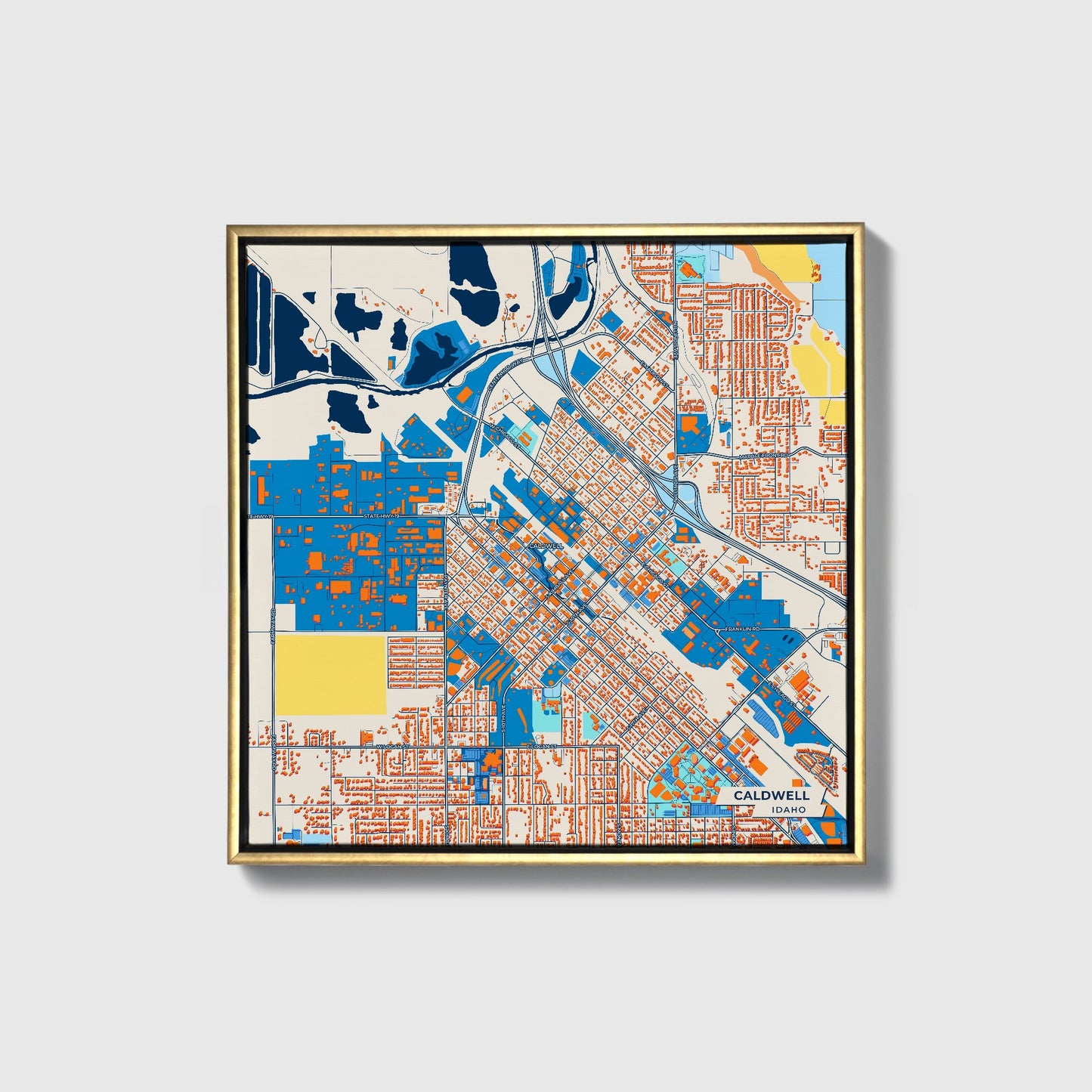 Caldwell Idaho Colorful City Map Canvas Print • Gold Framed