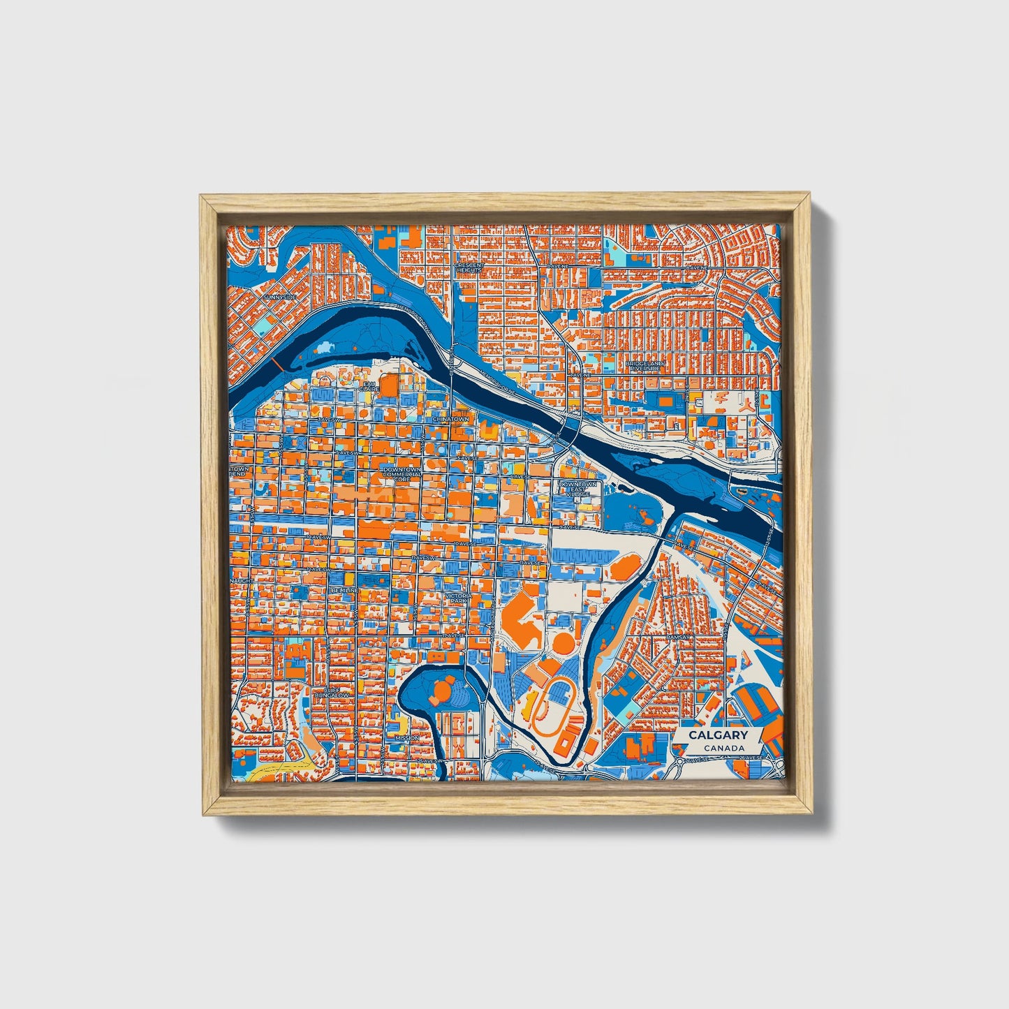 Calgary Canada Colorful City Map Canvas Print • Natural Wooden Framed