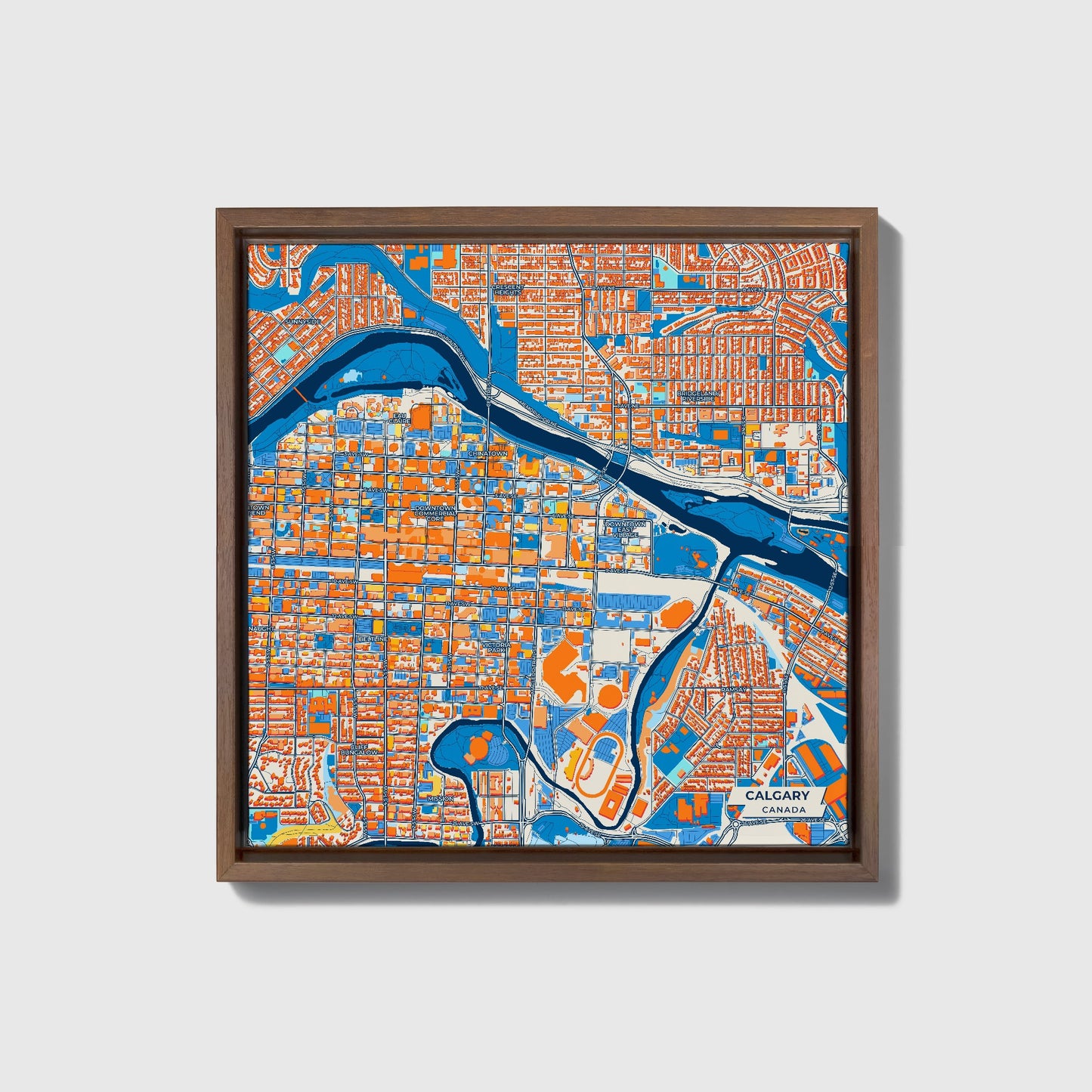 Calgary Canada Colorful City Map Canvas Print • Dark Wooden Framed