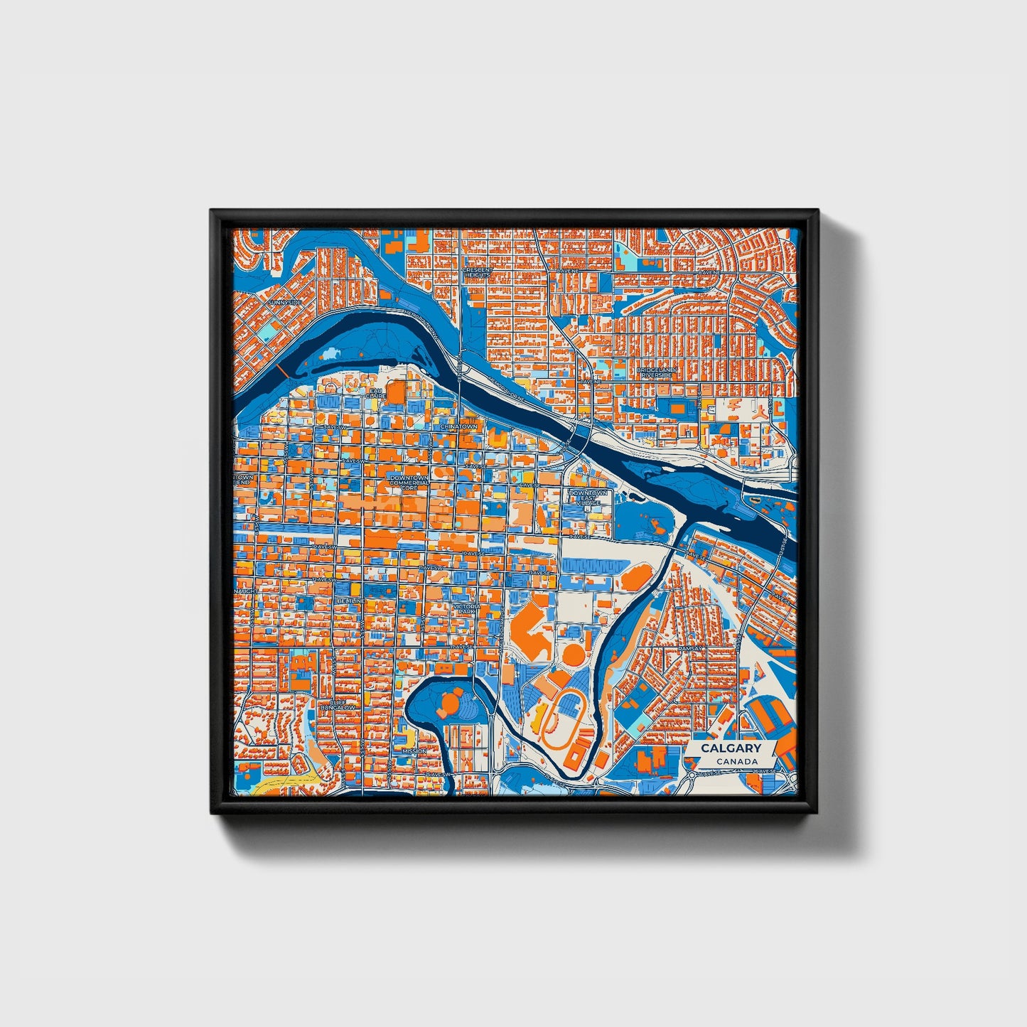Calgary Canada Colorful City Map Canvas Print • Black Framed
