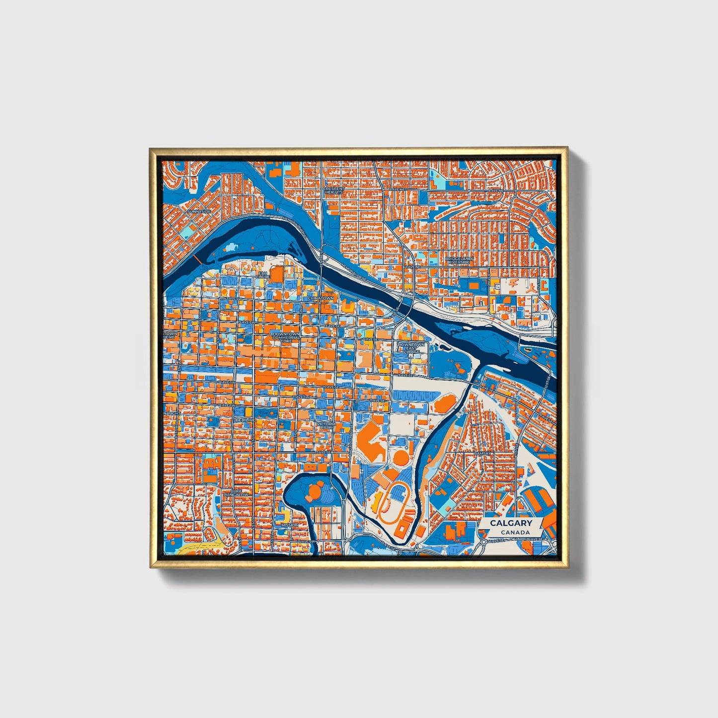 Calgary Canada Colorful City Map Canvas Print • Gold Framed