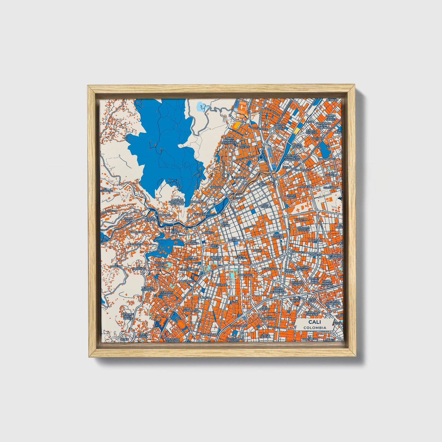 Cali Colombia Colorful City Map Canvas Print • Natural Wooden Framed