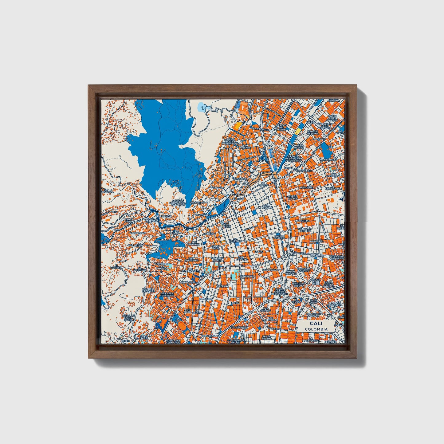 Cali Colombia Colorful City Map Canvas Print • Dark Wooden Framed