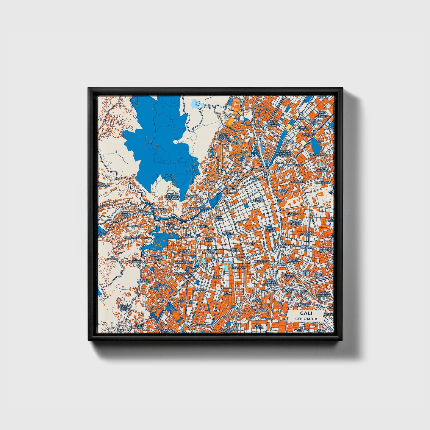 Cali Colombia Colorful City Map Canvas Print • Black Framed