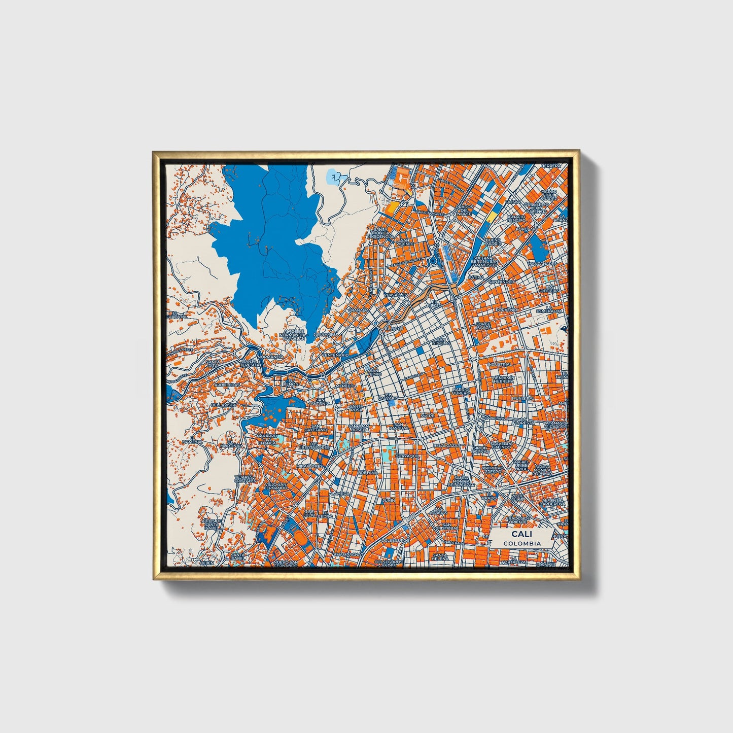 Cali Colombia Colorful City Map Canvas Print • Gold Framed