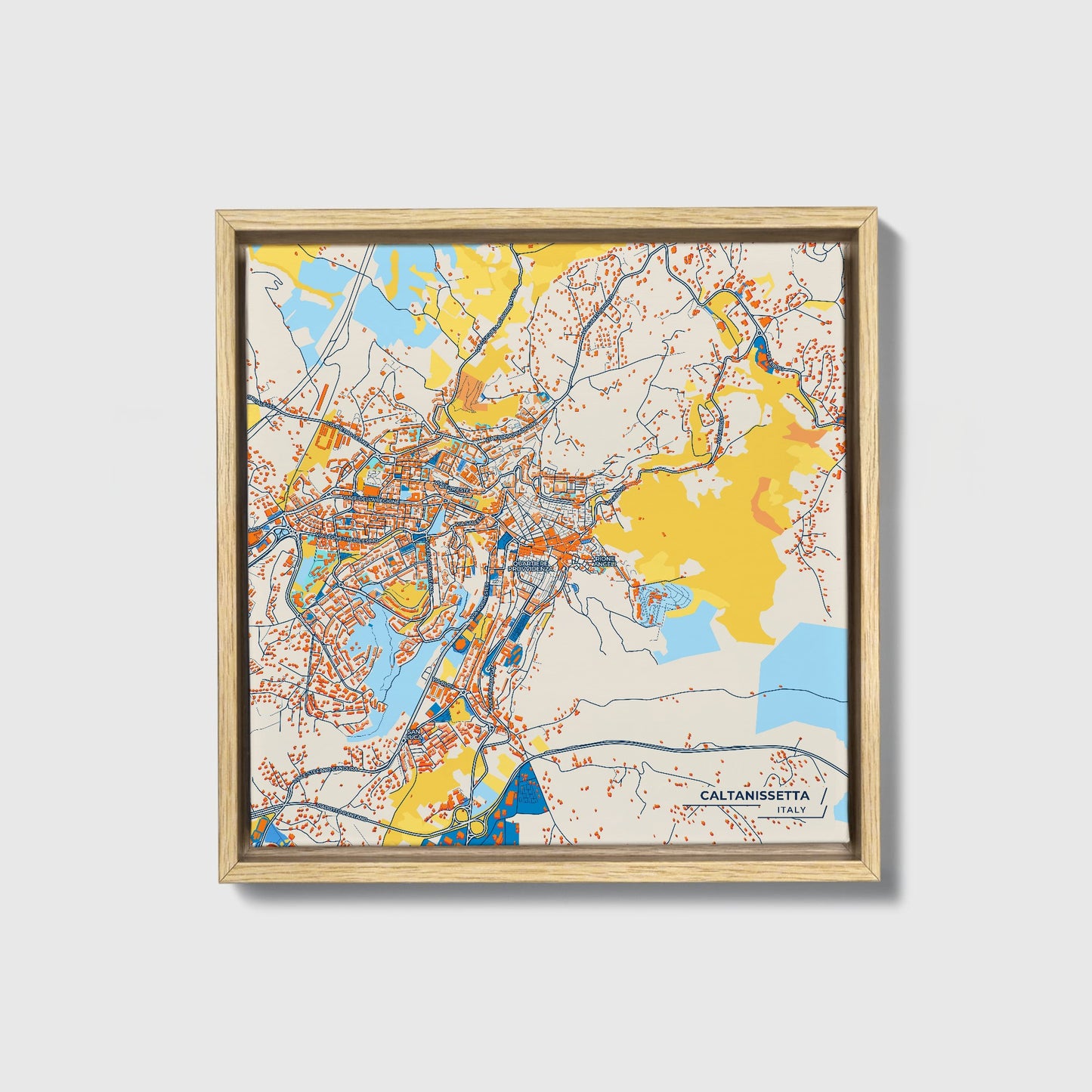 Caltanissetta Italy Colorful City Map Canvas Print • Natural Wooden Framed