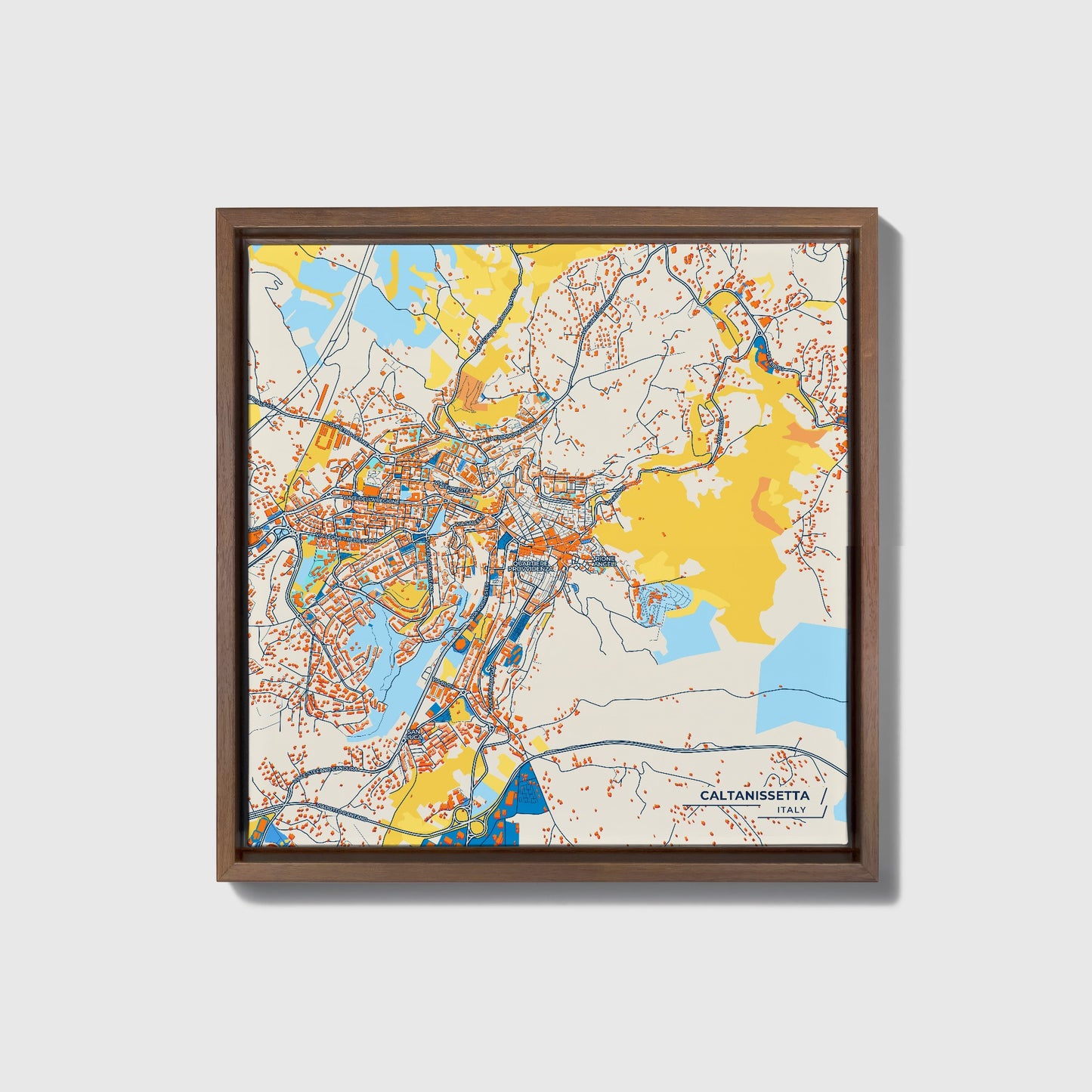 Caltanissetta Italy Colorful City Map Canvas Print • Dark Wooden Framed