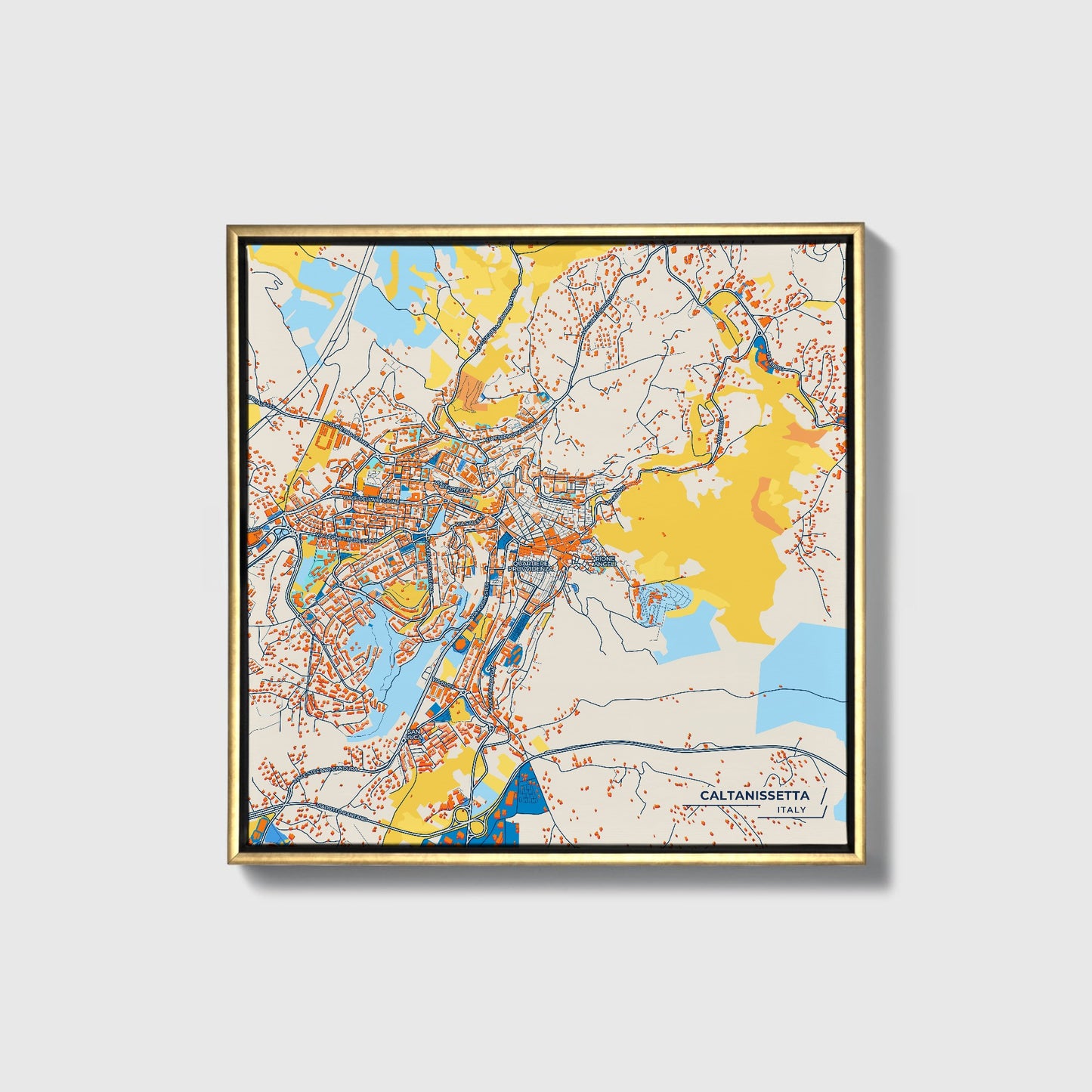 Caltanissetta Italy Colorful City Map Canvas Print • Gold Framed
