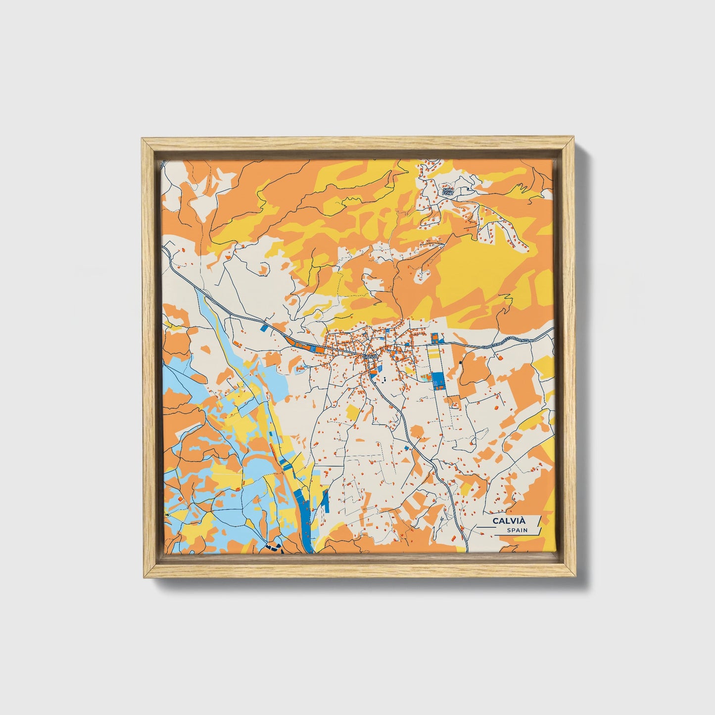 Calvià Spain Colorful City Map Canvas Print • Natural Wooden Framed