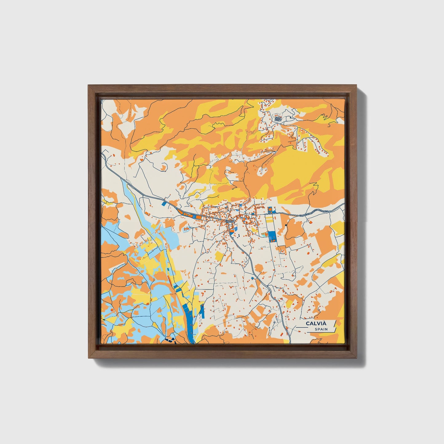 Calvià Spain Colorful City Map Canvas Print • Dark Wooden Framed