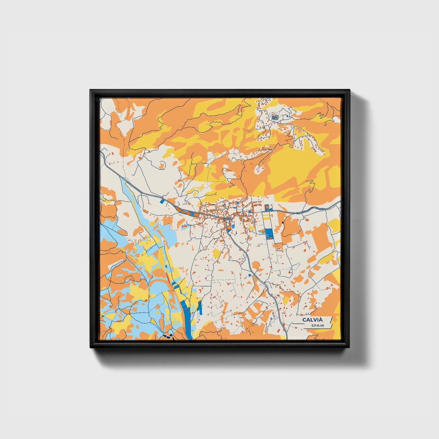 Calvià Spain Colorful City Map Canvas Print • Black Framed