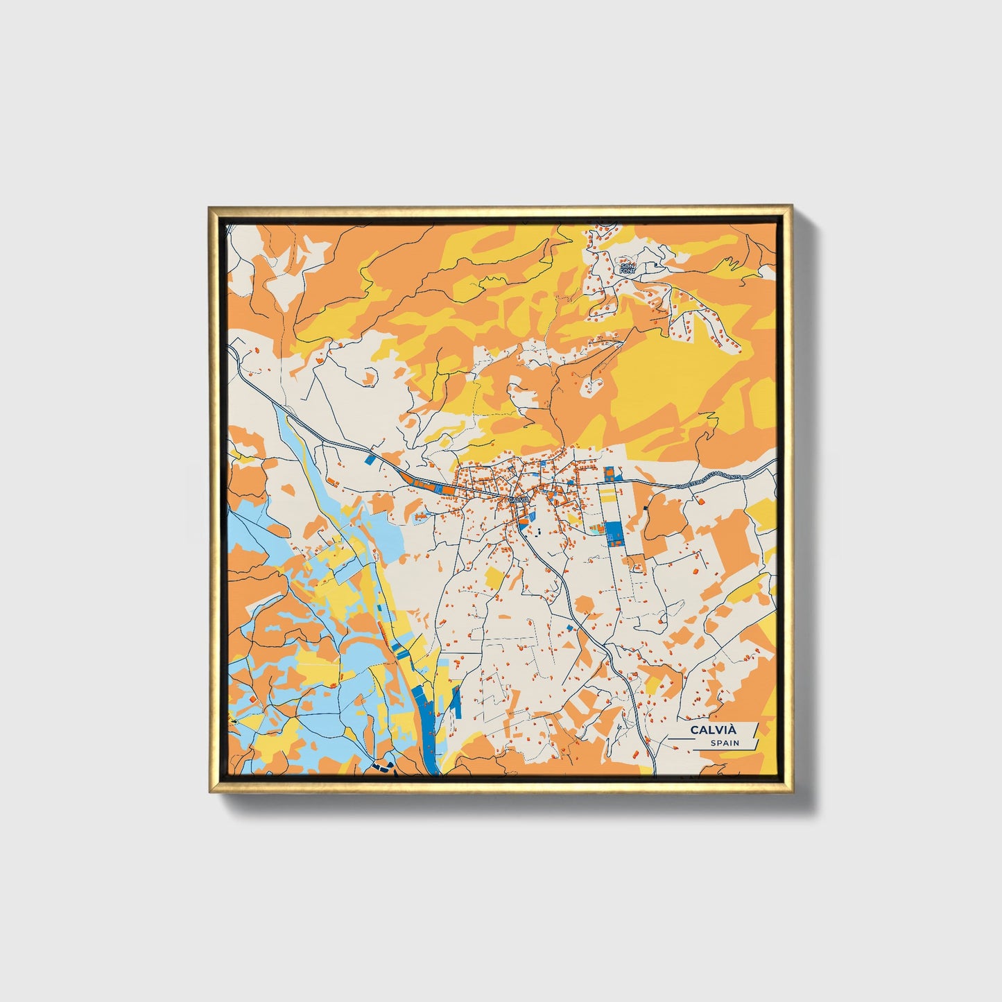 Calvià Spain Colorful City Map Canvas Print • Gold Framed