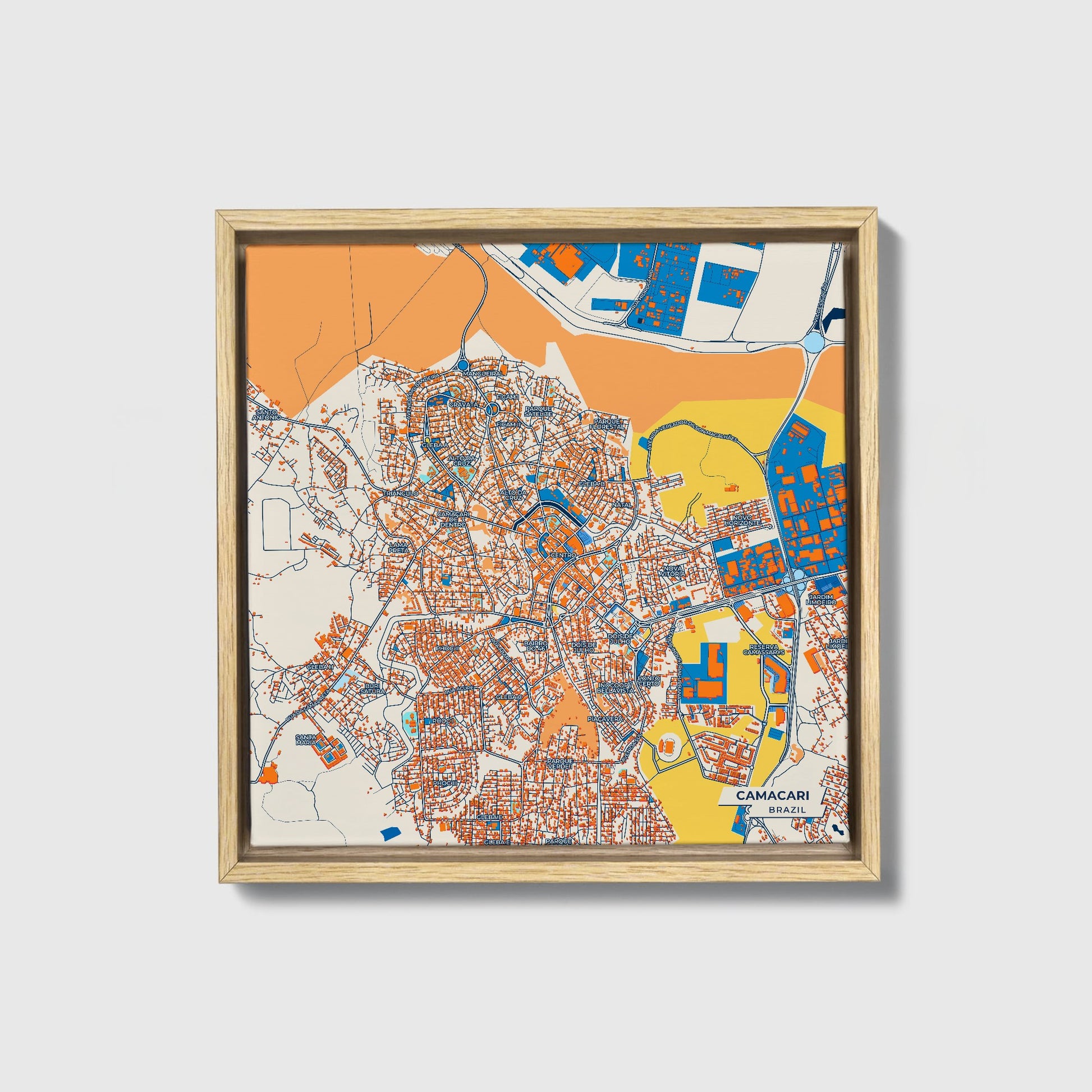 Camacari Brazil Colorful City Map Canvas Print • Natural Wooden Framed