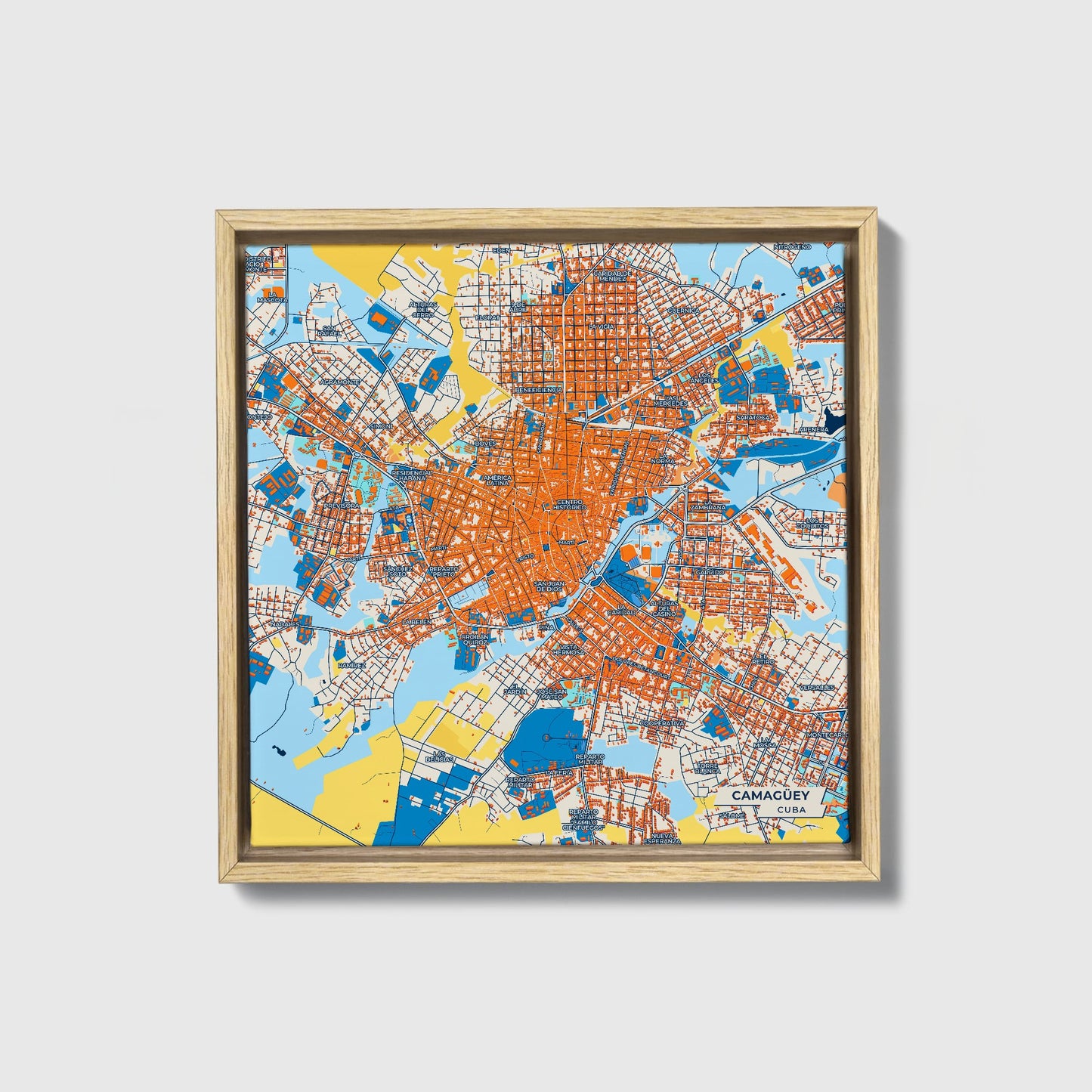 Camagüey Cuba Colorful City Map Canvas Print • Natural Wooden Framed