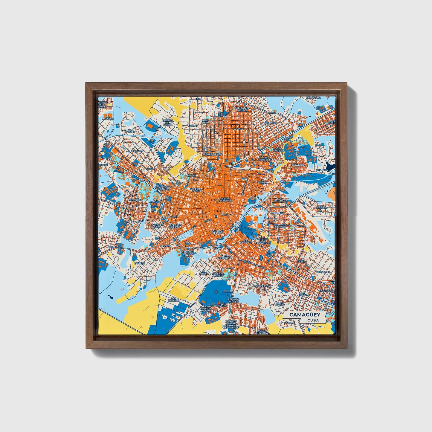 Camagüey Cuba Colorful City Map Canvas Print • Dark Wooden Framed