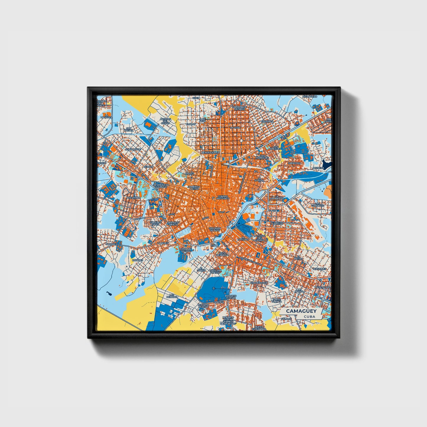Camagüey Cuba Colorful City Map Canvas Print • Black Framed
