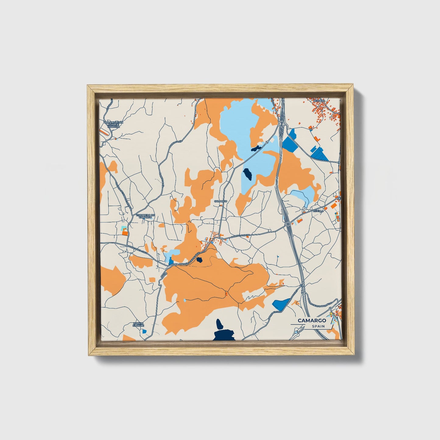 Camargo Spain Colorful City Map Canvas Print • Natural Wooden Framed