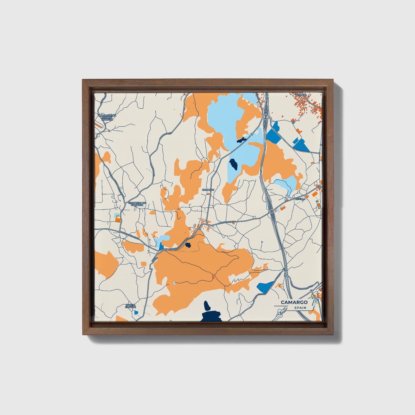 Camargo Spain Colorful City Map Canvas Print • Dark Wooden Framed