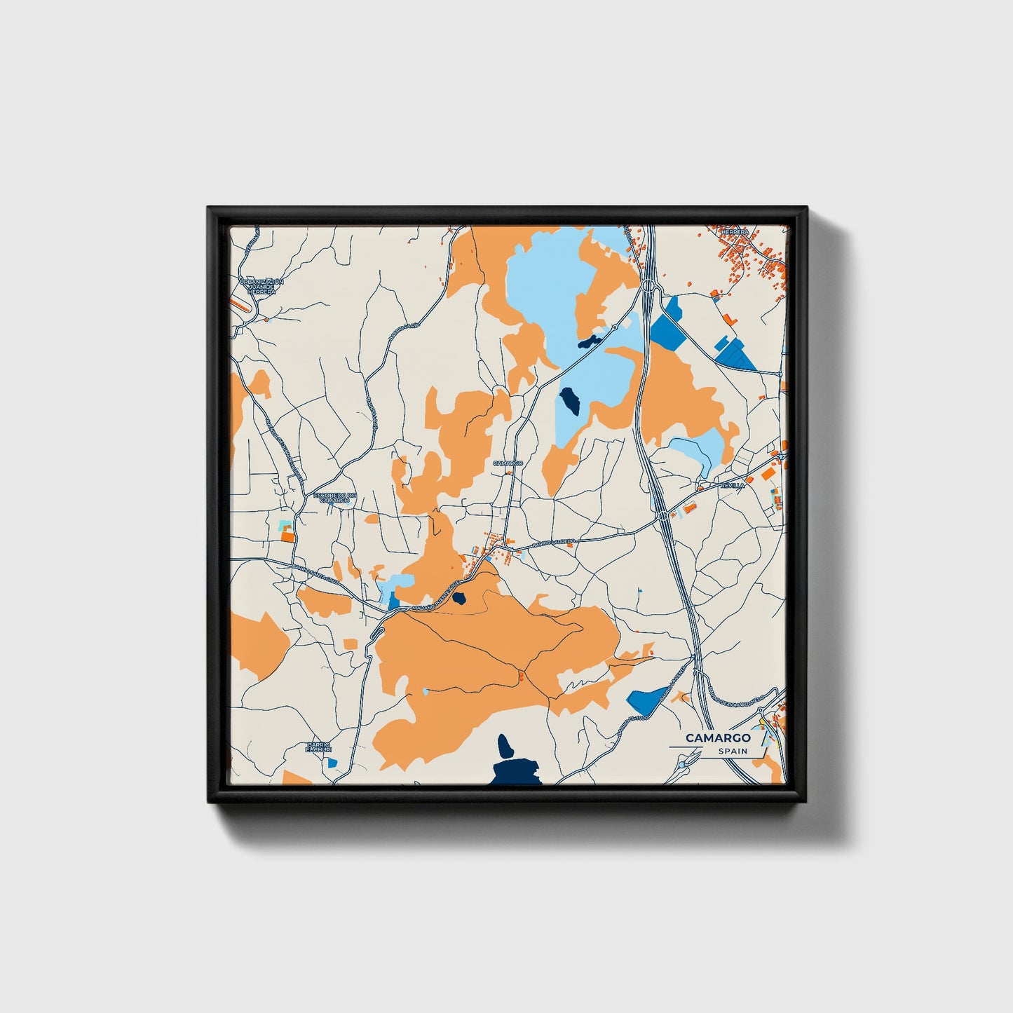Camargo Spain Colorful City Map Canvas Print • Black Framed