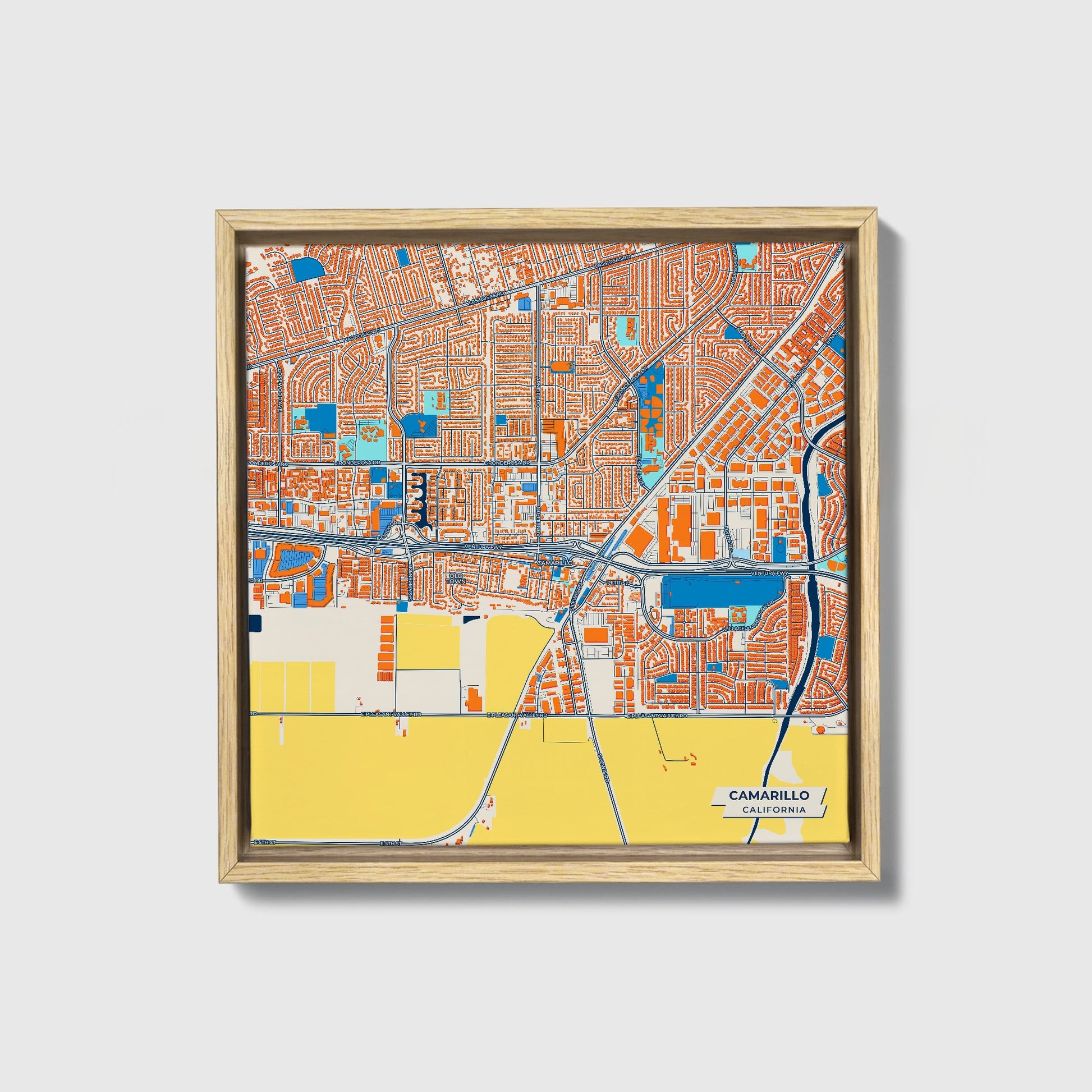 Camarillo California Colorful City Map Canvas Print • Natural Wooden Framed