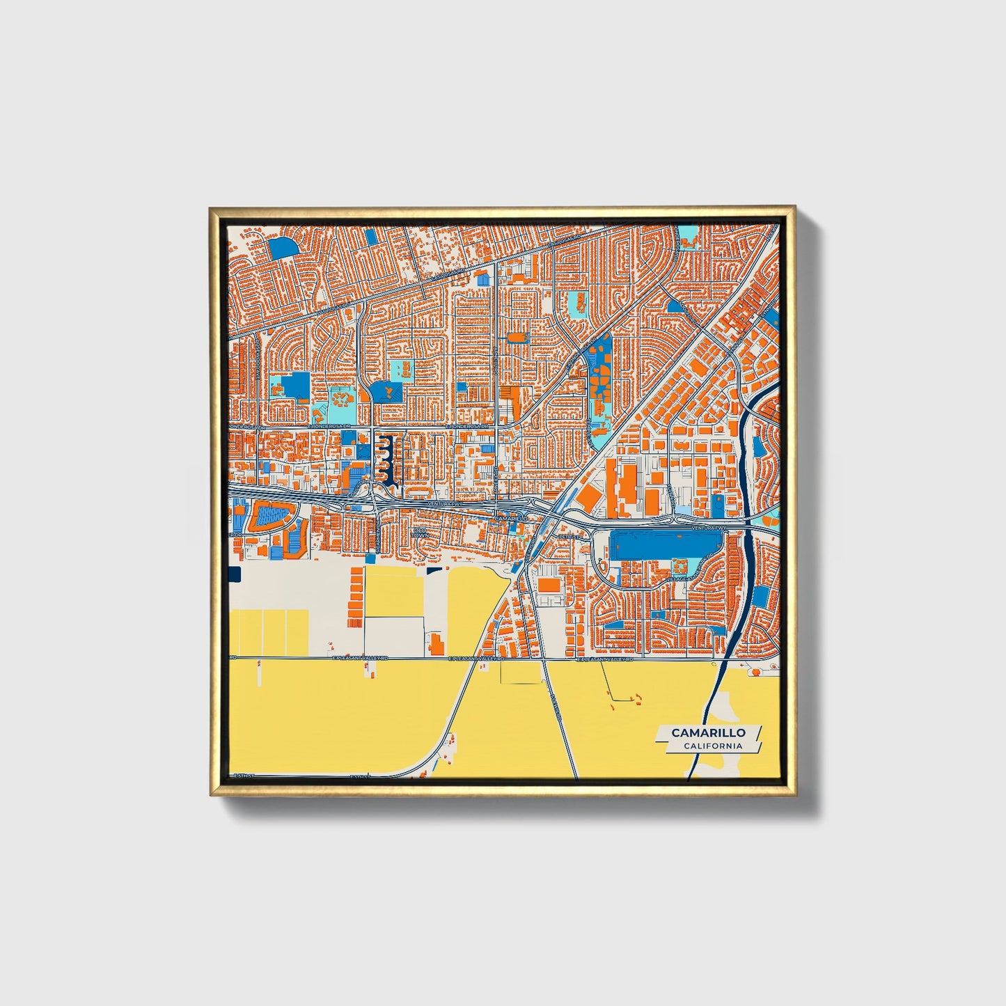 Camarillo California Colorful City Map Canvas Print • Gold Framed