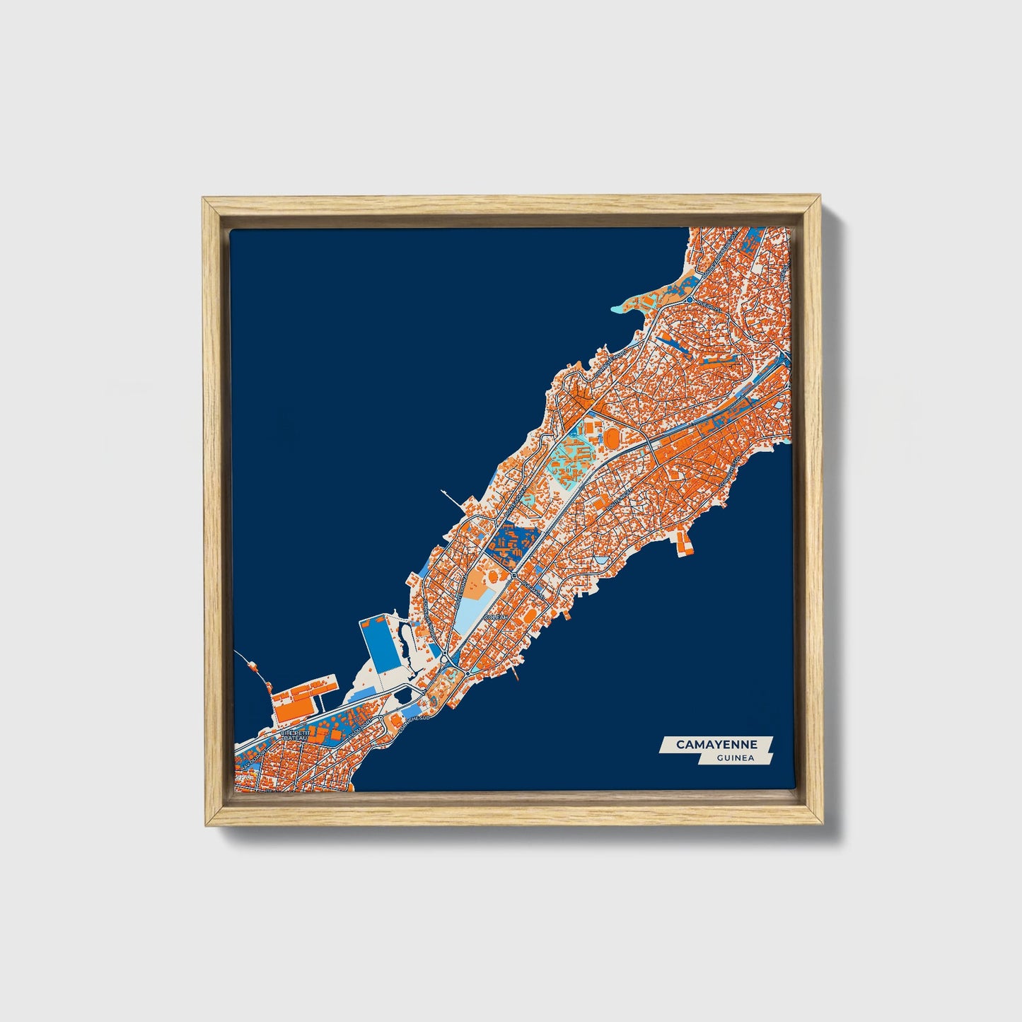 Camayenne Guinea Colorful City Map Canvas Print • Natural Wooden Framed