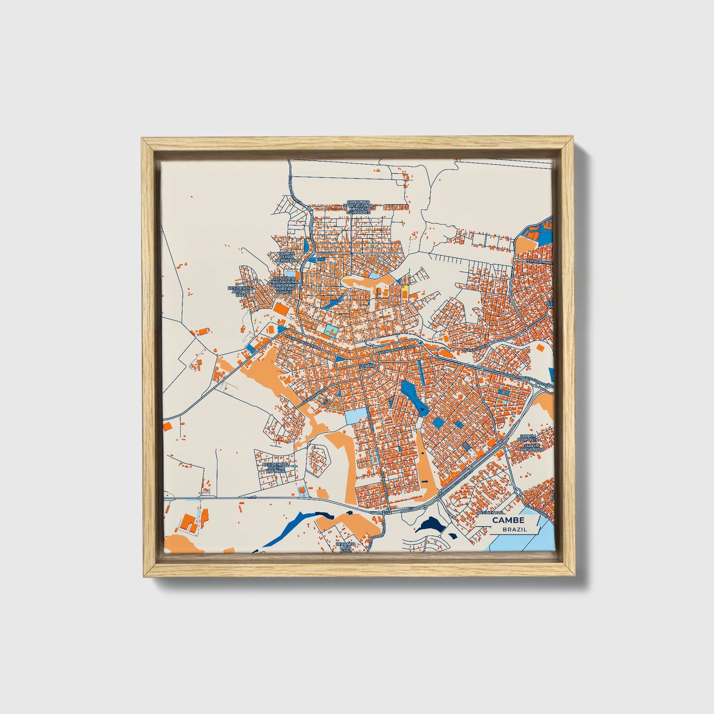 Cambe Brazil Colorful City Map Canvas Print • Natural Wooden Framed